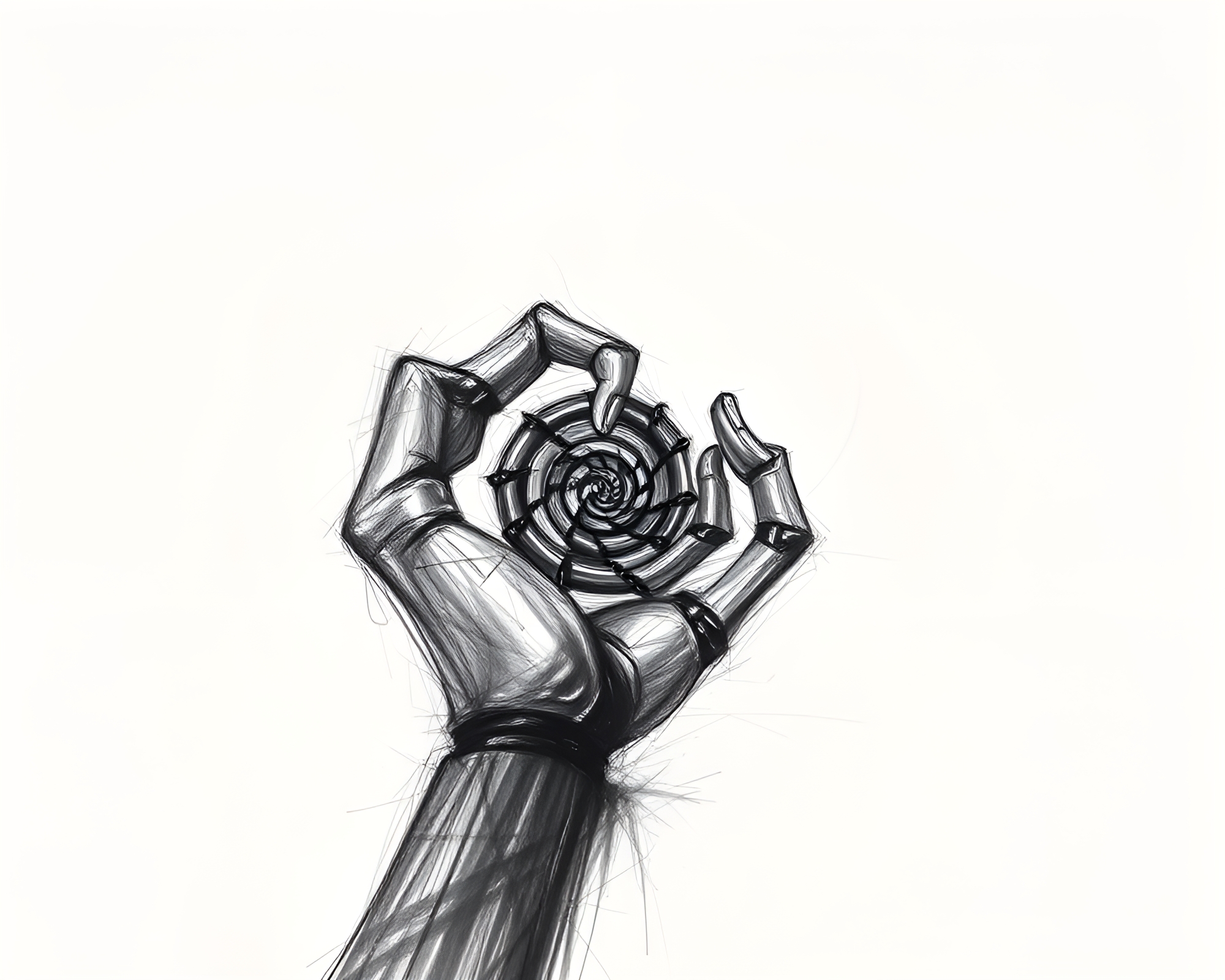 Futuristic Robotic Arm Tracing Fibonacci Spiral in Charcoal Sketch – free AI stock image