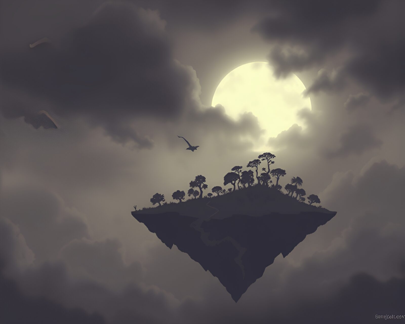 Pixelated floating island in desaturated gloom with crosshatch shading