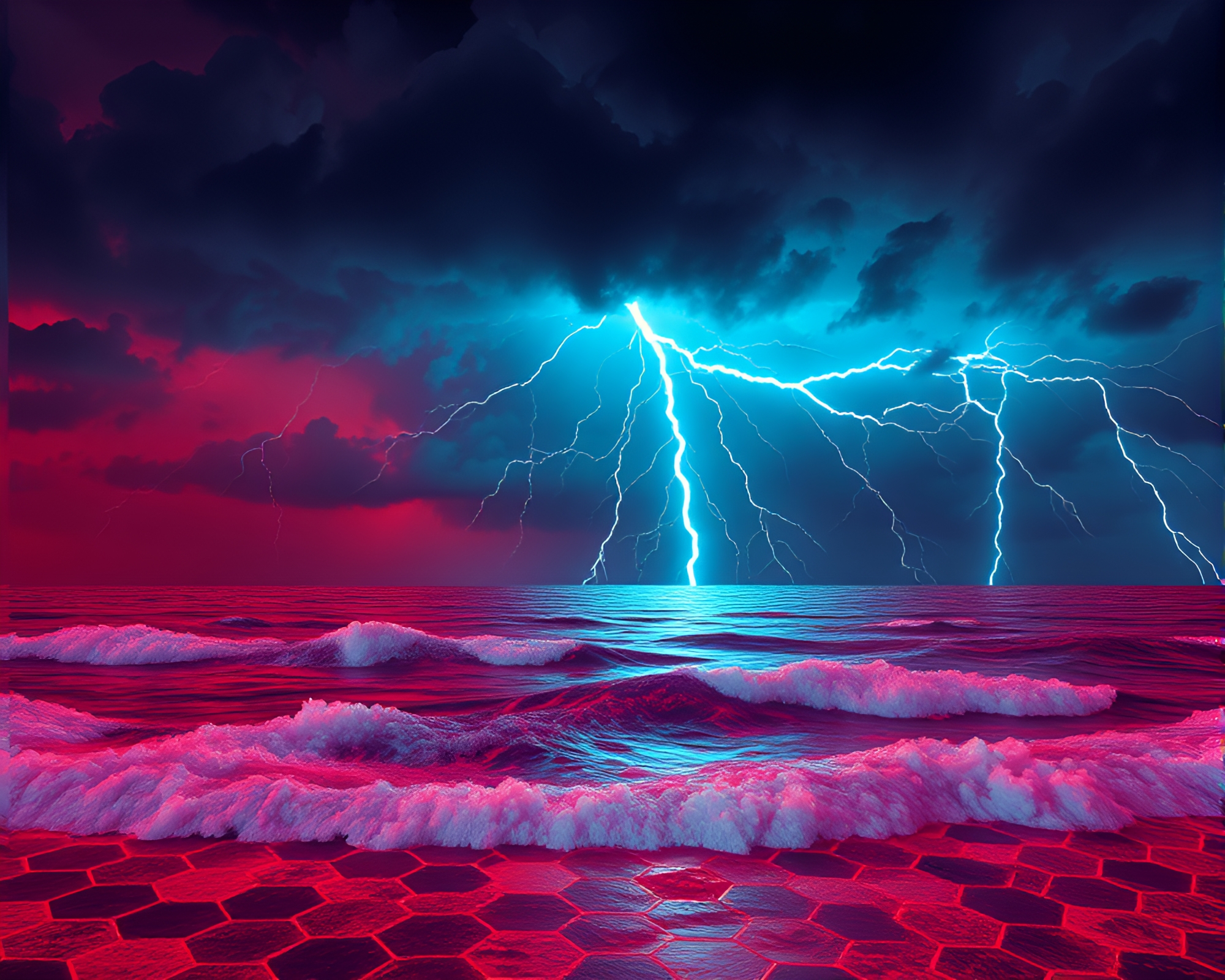 Fantasy Thunderstorm Hexagonal Tiling Infrared Ocean Scene – free AI stock image