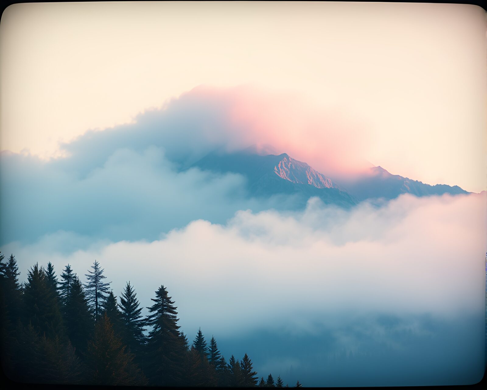Low-poly 3D render of misty mountain peak in vintage colors