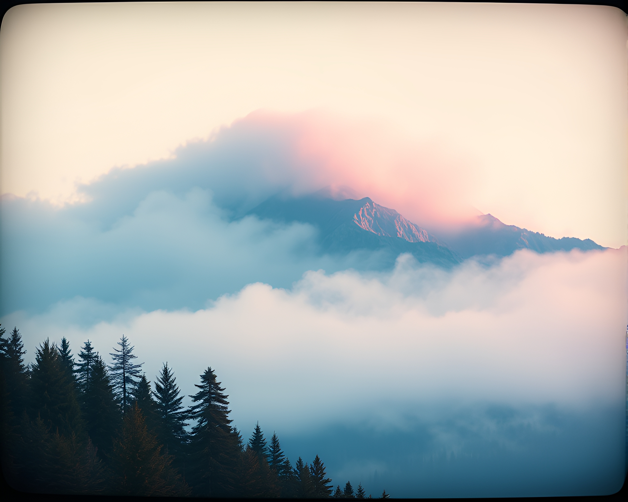 Misty Mountain Peak in Vintage Low-Poly Polaroid – free AI stock image