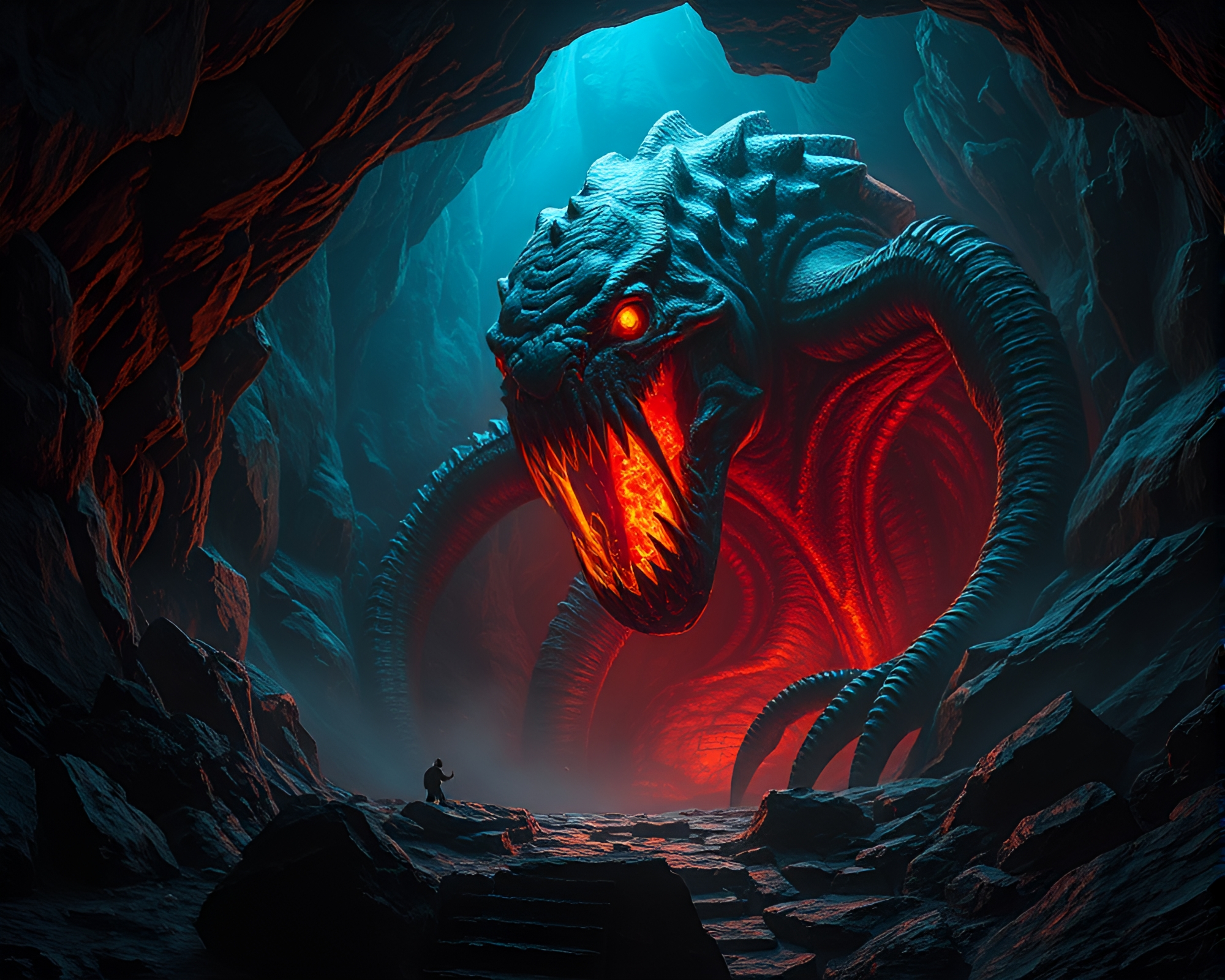 Cybernetic Kraken Zoom Burst in Dark Cave Entrance – free AI stock image