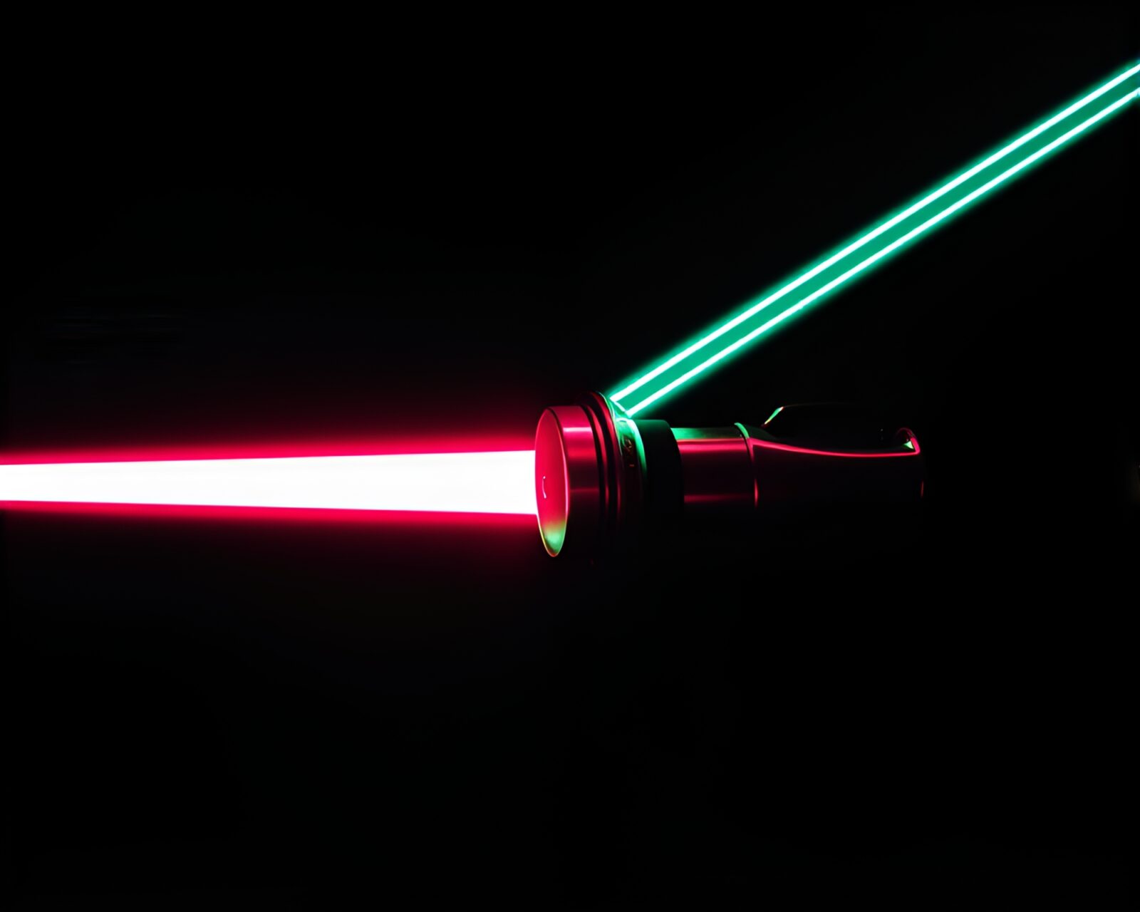 Etched-style neon-lit laser sword duel in dark alley