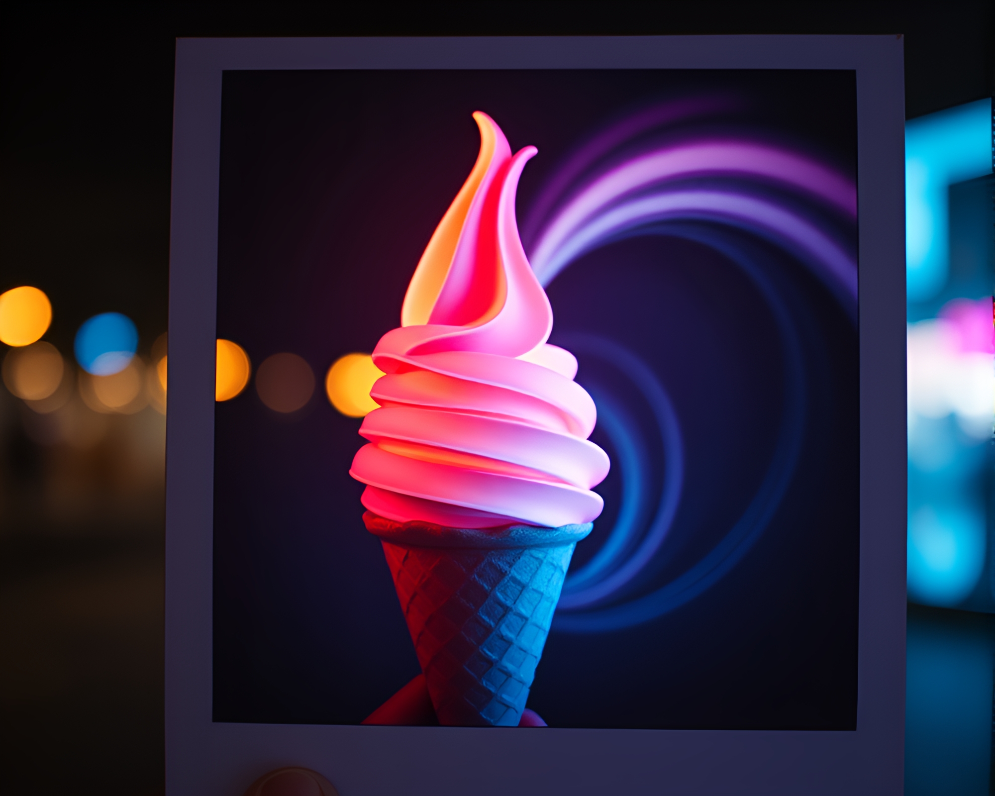 Bioluminescent Gelato Vortex in Polaroid Frame – free AI stock image