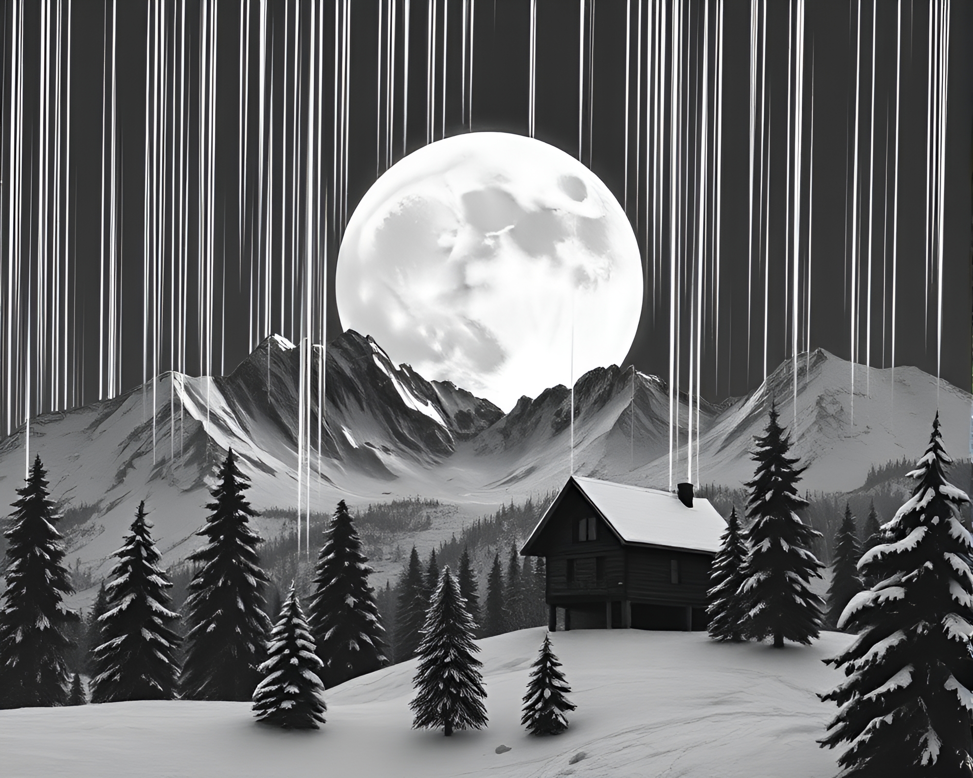 Glitch Art Alpine Chalet Moonlight Paper Tears – free AI stock image