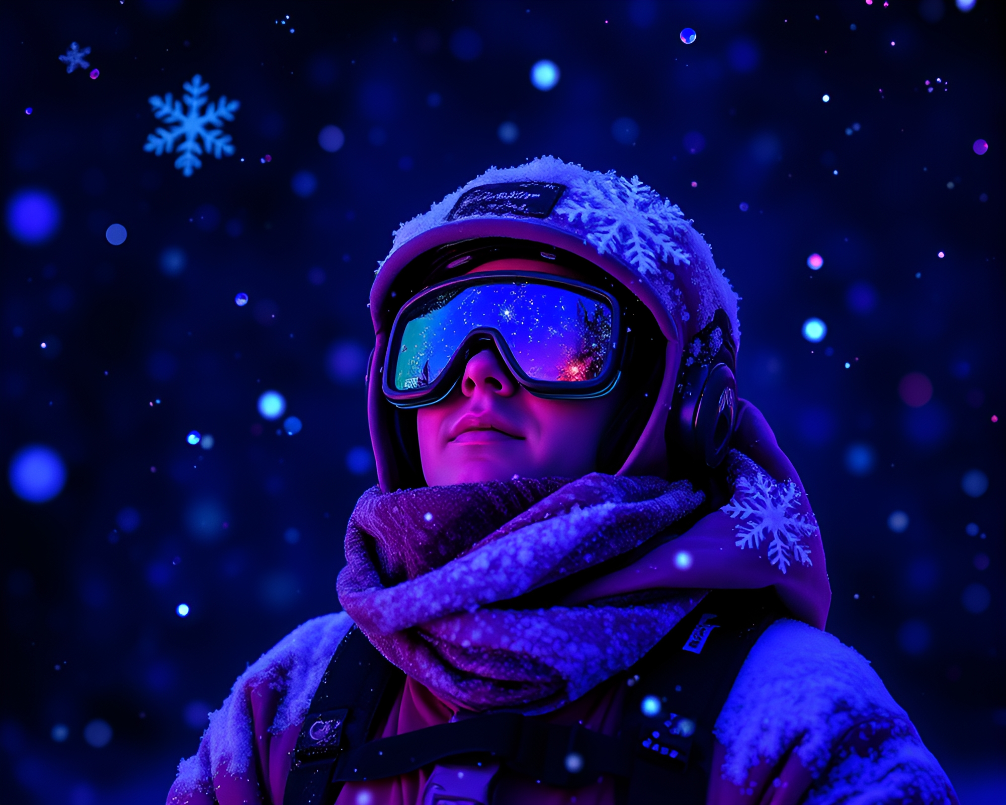 Ultraviolet Time Traveler Amid Hyper-Saturated Snowflakes – free AI stock image