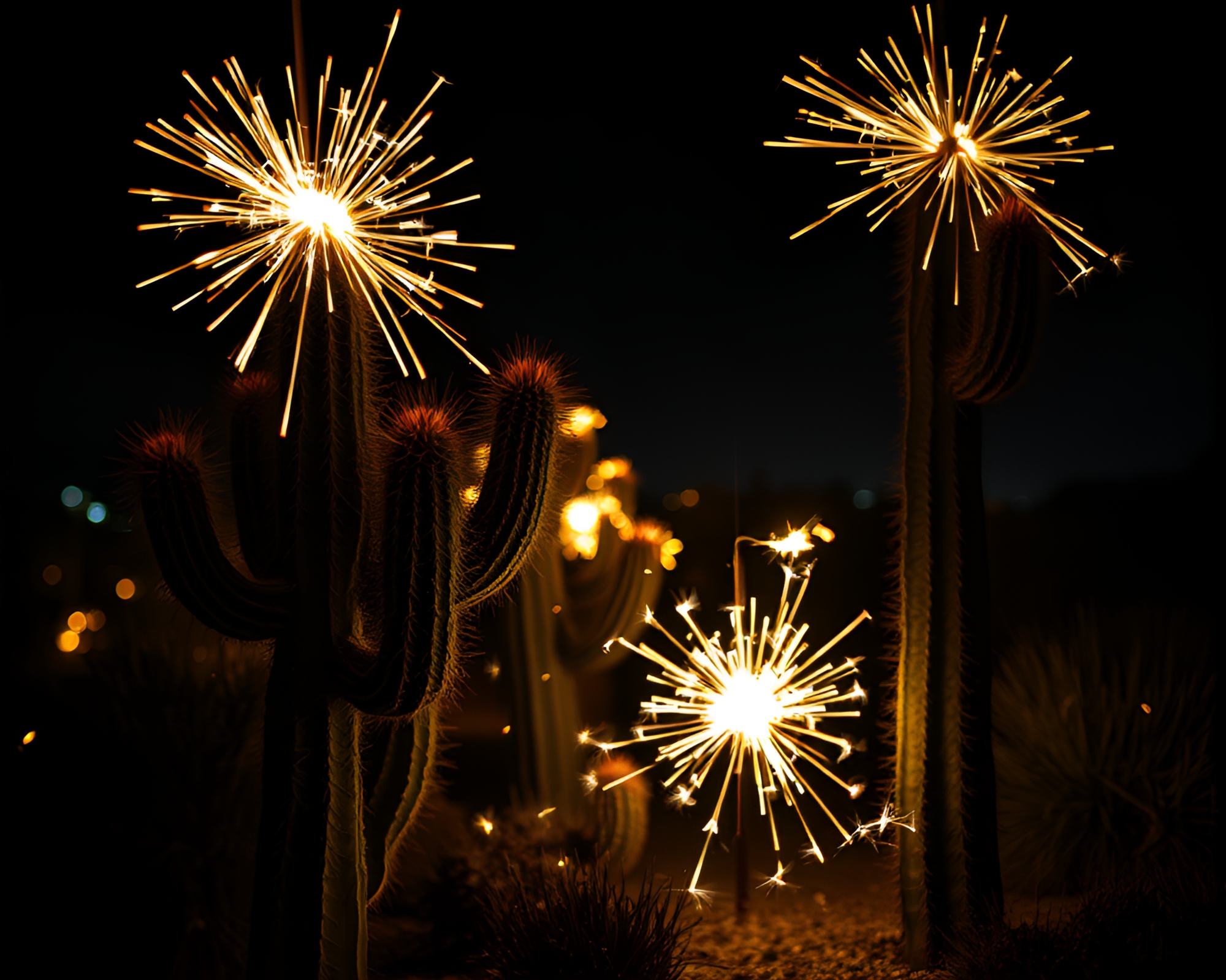 Desert Cactus Sparkler Mosaic at Night – free AI stock image