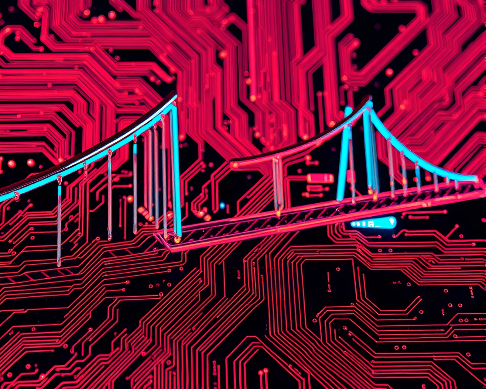 Futuristic glass walkway over intricate electronic map
