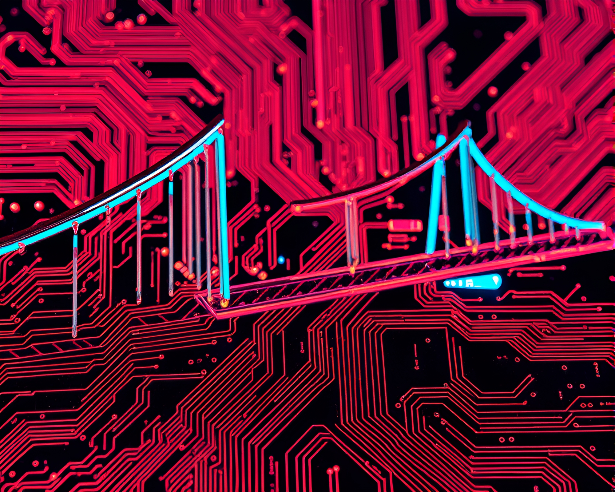 Grunge Glass Bridge Above Circuit Board Traces – free AI stock image