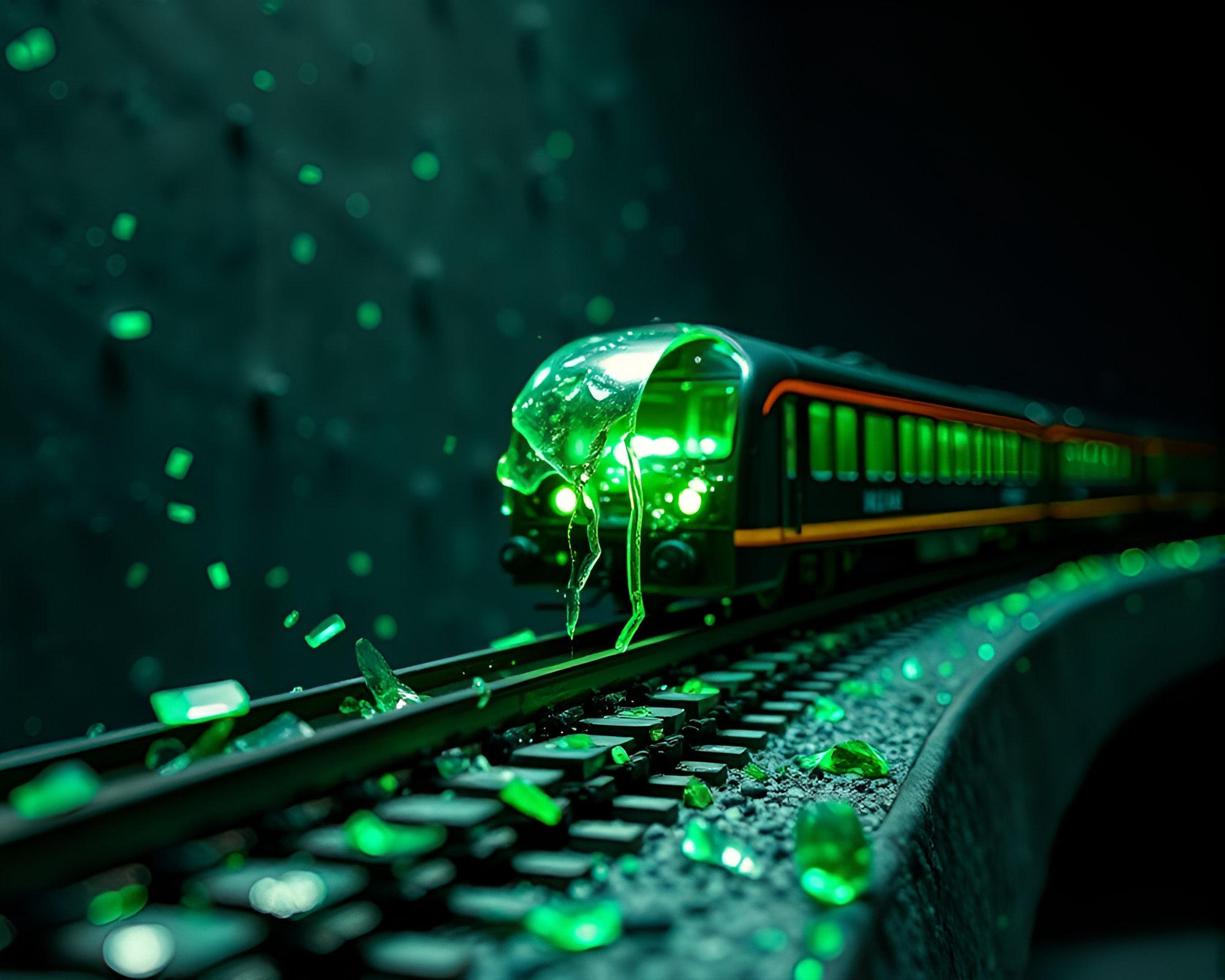 Emerald Levitation: Glass Shards in Magnetic Train Scene – free AI stock image