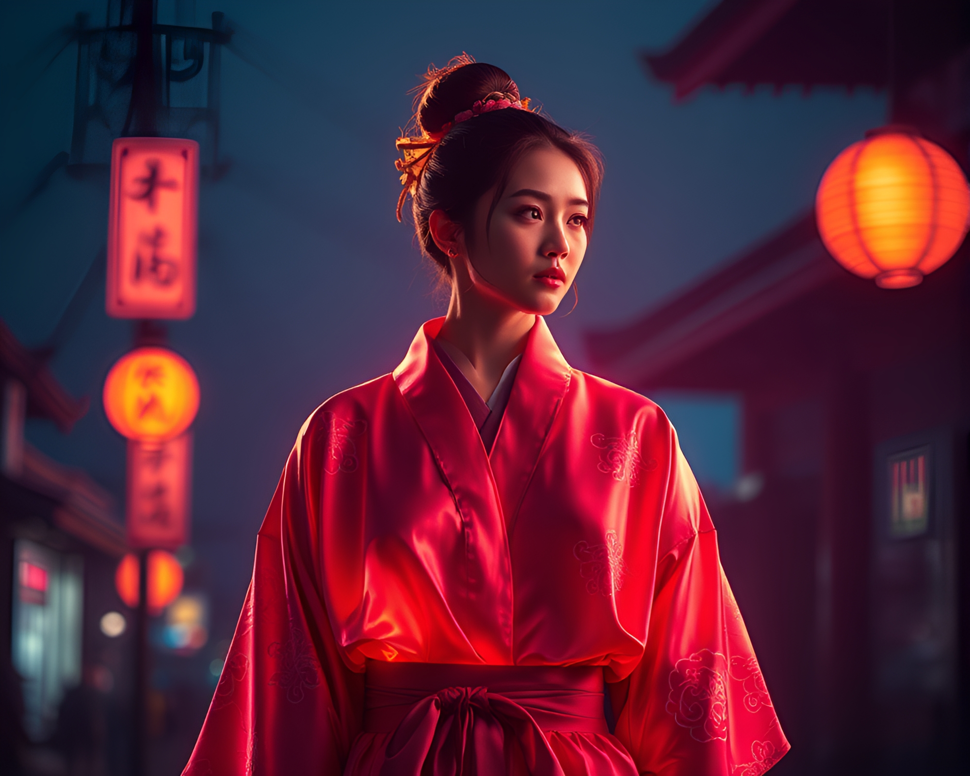 Neon Glow Silk Kimono with Sun Glares – free AI stock image