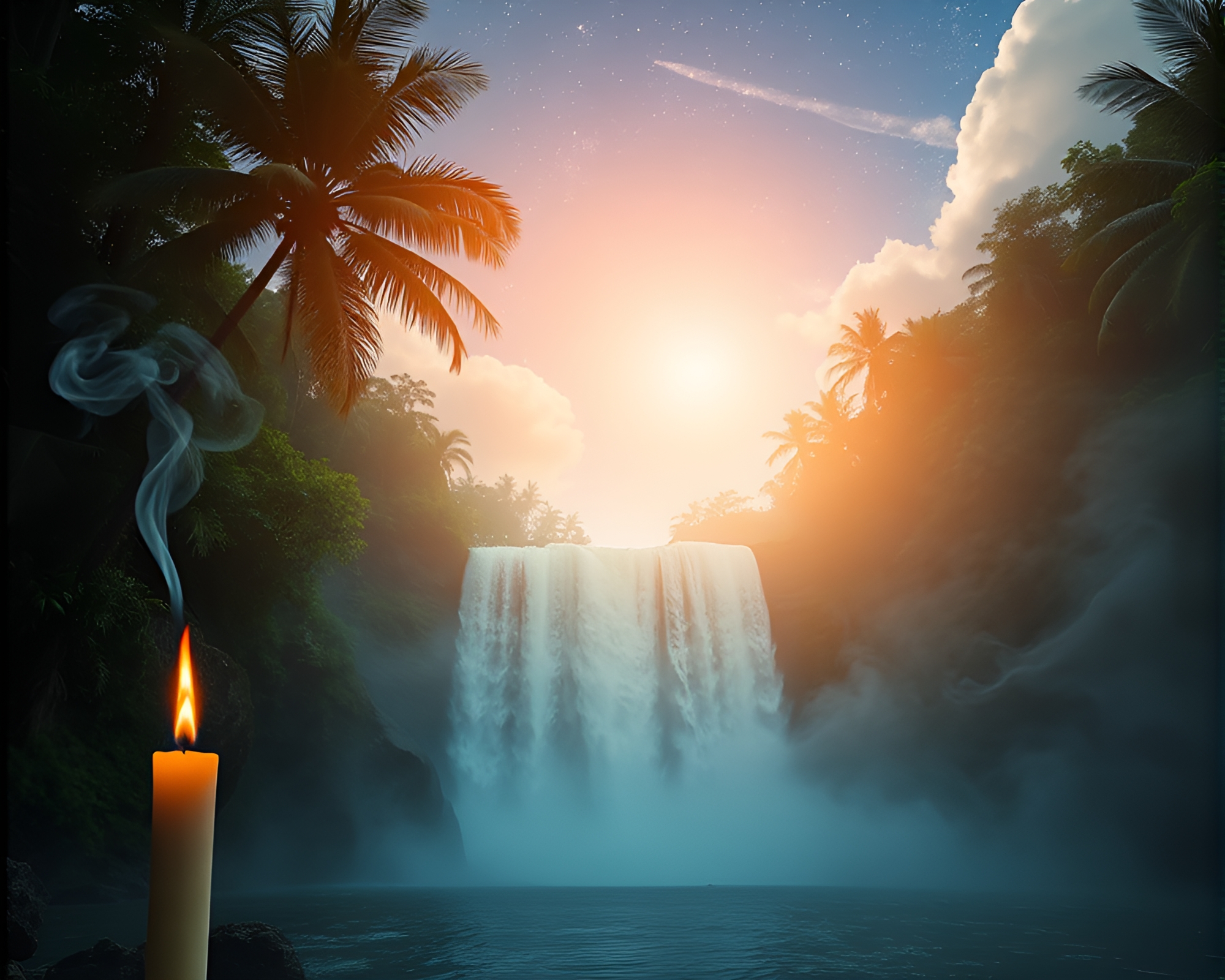 Tropical Waterfall Illuminated by Starlit Sky and Candle Smoke – free AI stock image