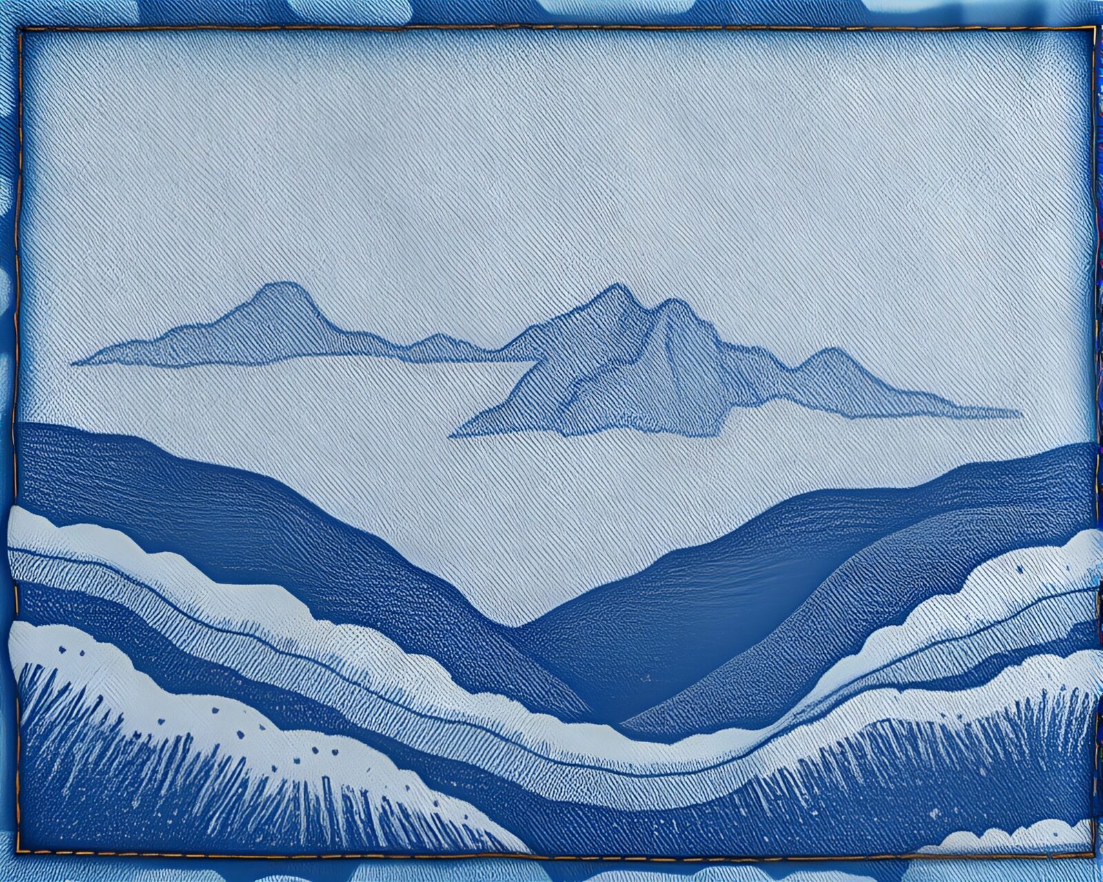 Stippled etching of dimensional rift with denim-like hues