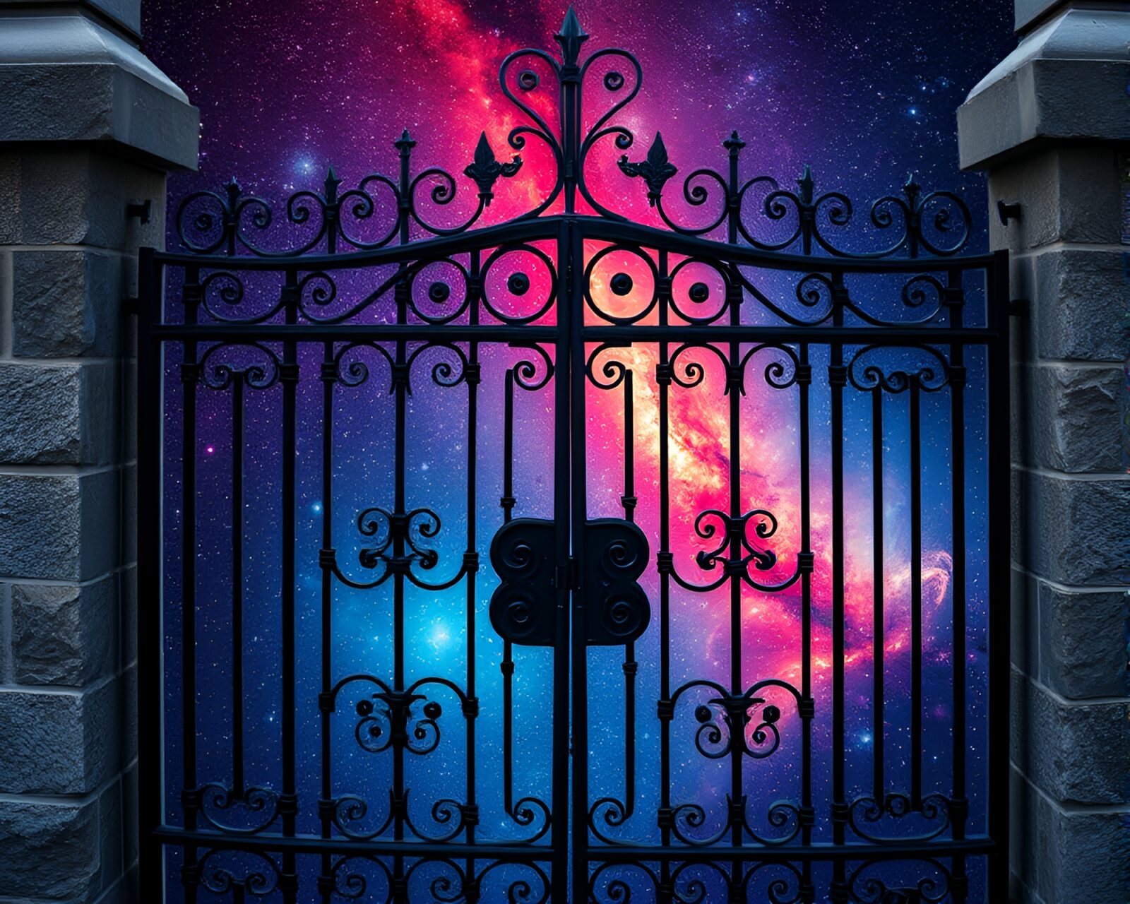 High-angle shot of a galaxy-inspired colored wrought iron gate