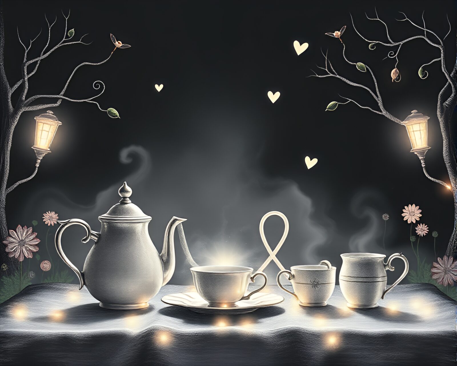 Magical mist surrounds whimsical chalkboard Alice in Wonderland scene