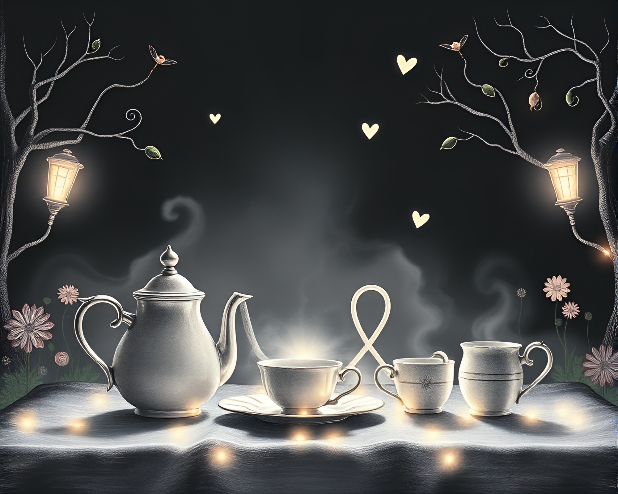 Enchanting Car Light Trails Through Wonderland Tea Set – free AI stock image
