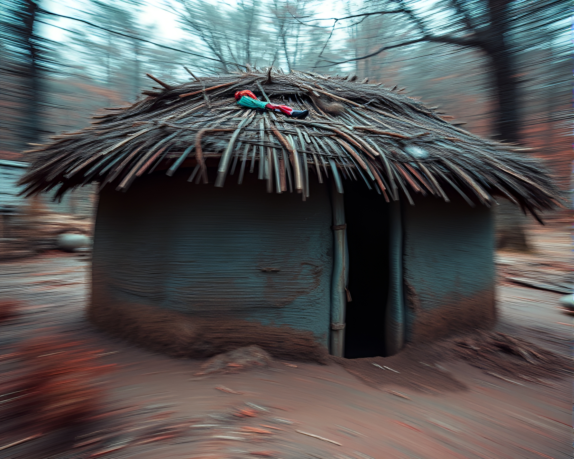 Pan Motion Blur Capture of Red-Blue Duotone Mud Hut – free AI stock image