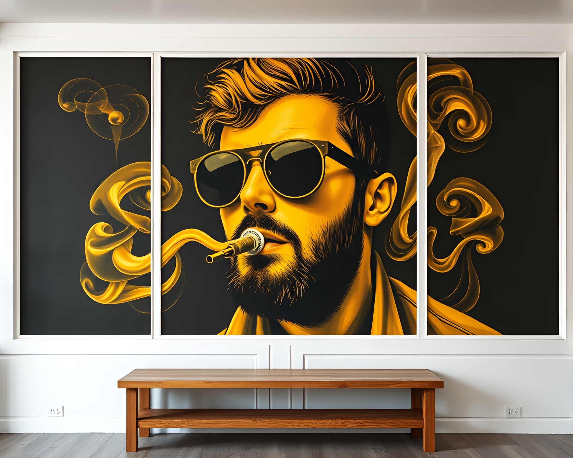 Time Traveler’s Mustard Yellow Smoke Rings Mural – free AI stock image