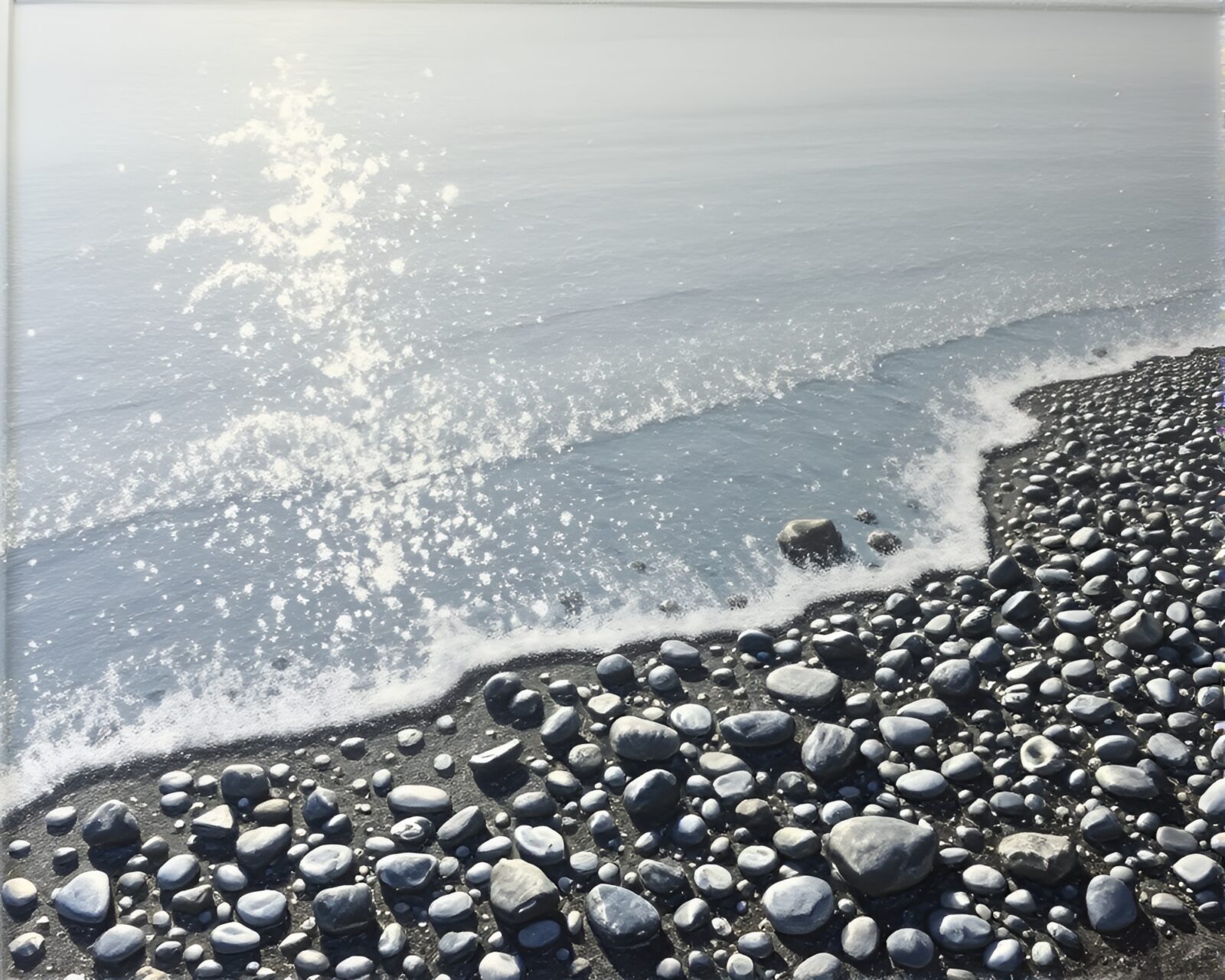 Surreal oil painting of a shimmering pebble beach at night