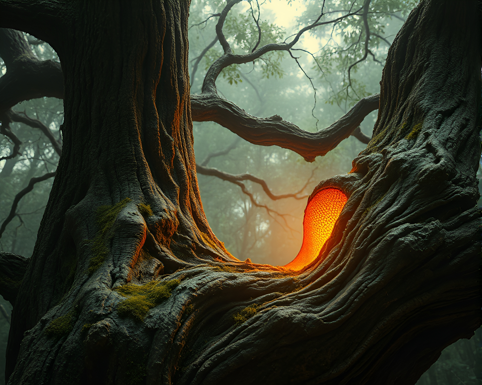 Ancient Tree Bathed in Retrowave Hues – free AI stock image