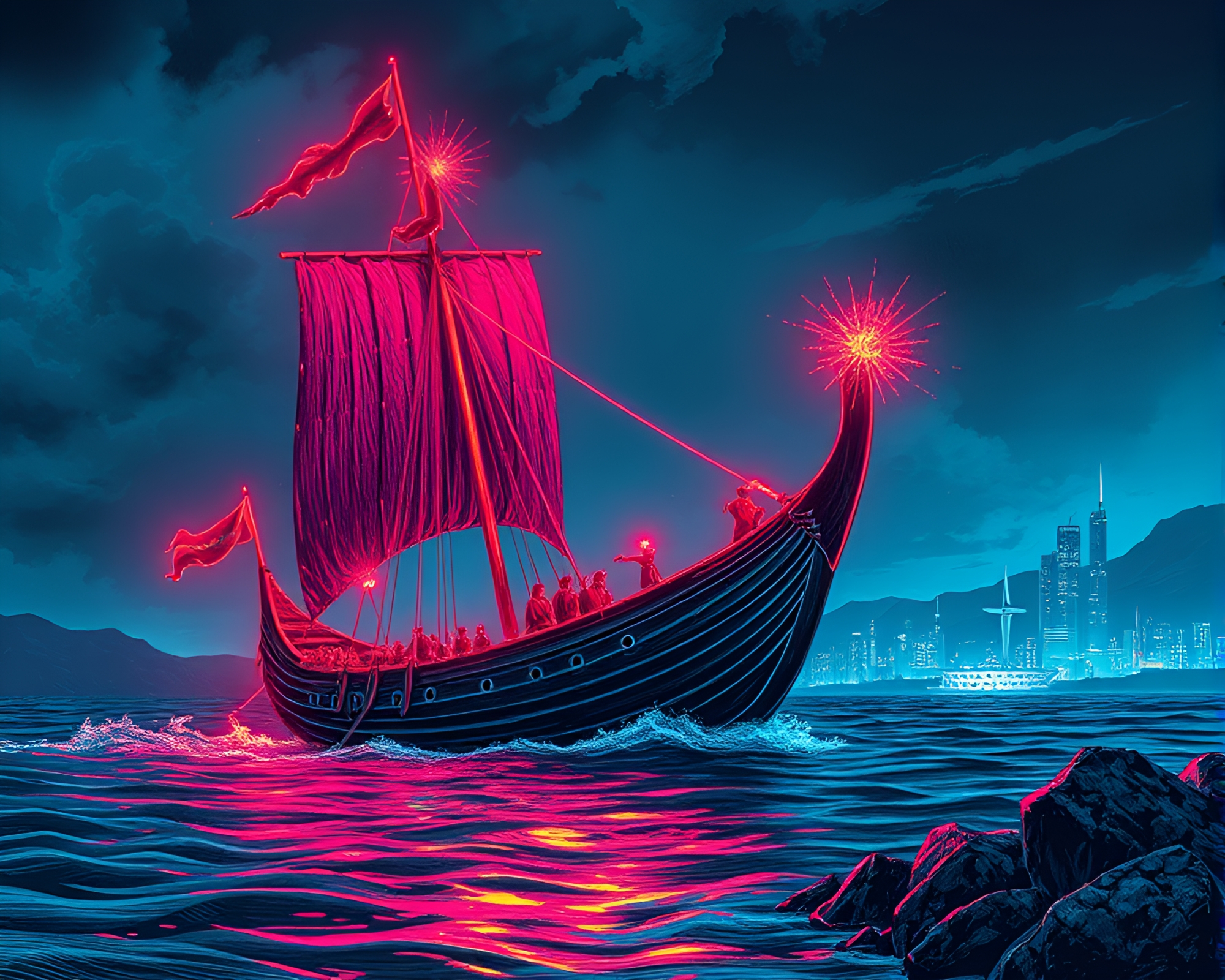 Neon Viking Longship Zoom Burst Etching – free AI stock image
