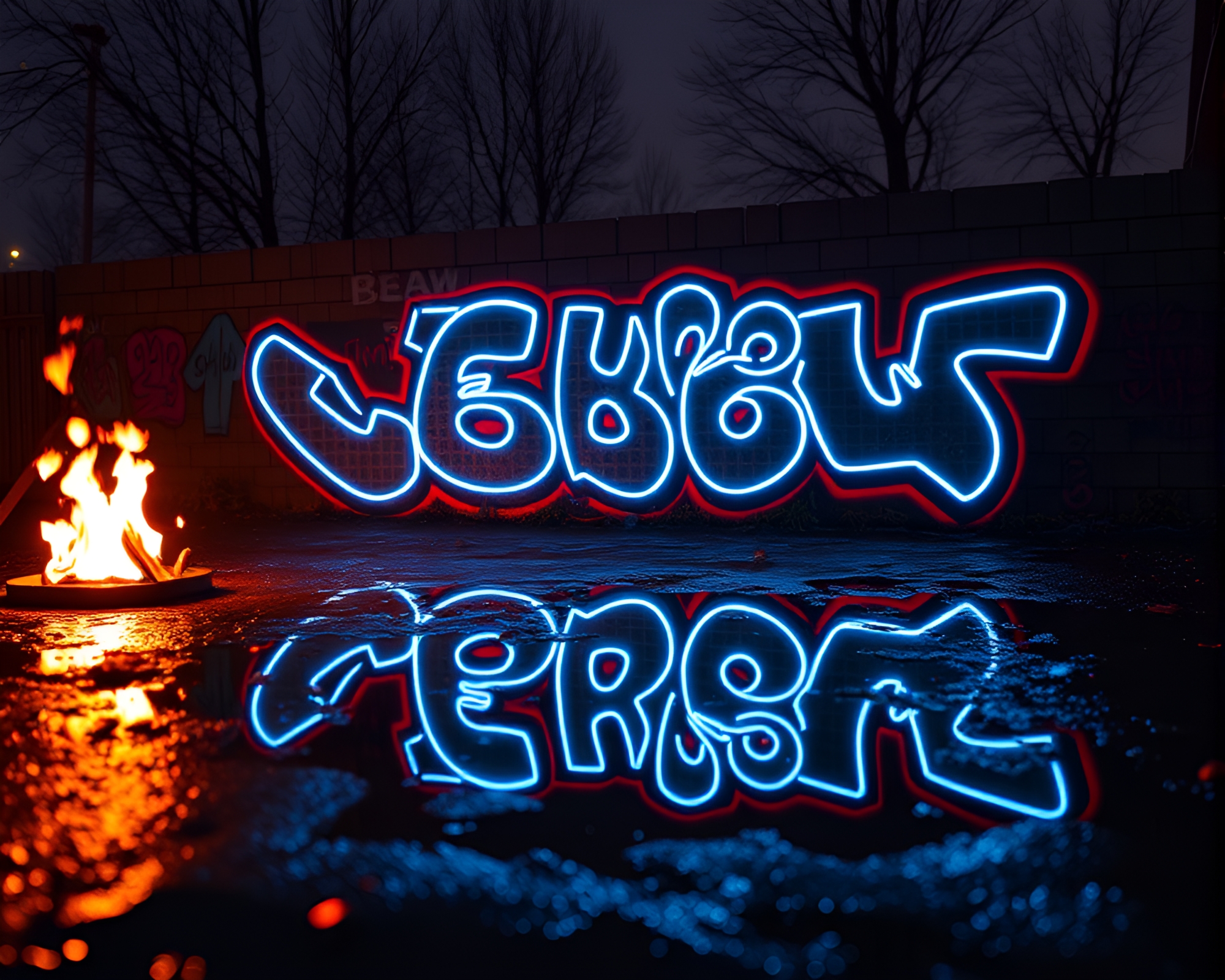 Neon Graffiti Reflection in Polygonal Puddle Bonfire – free AI stock image