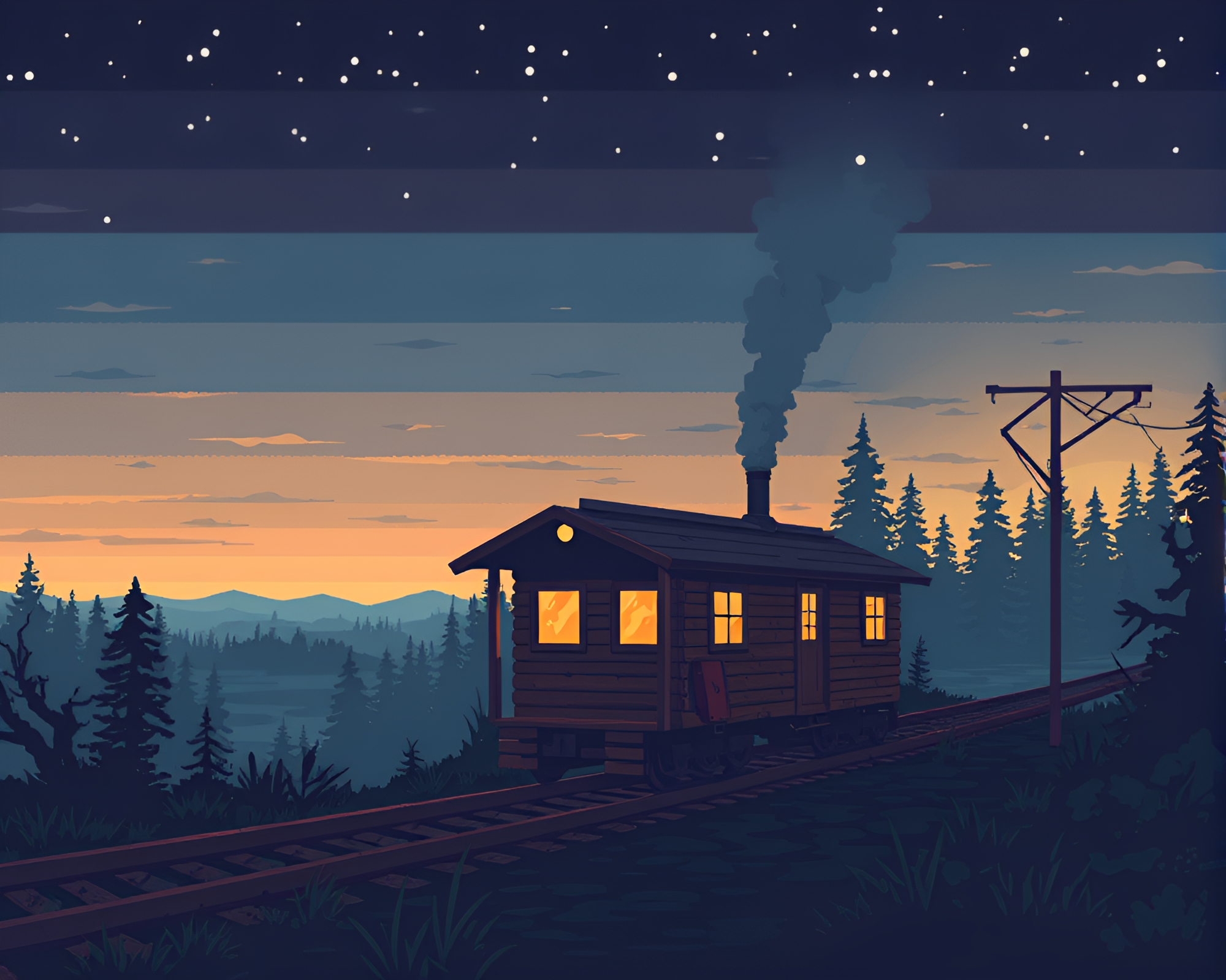Enchanting Retro Cabin with Train Light Trails – free AI stock image