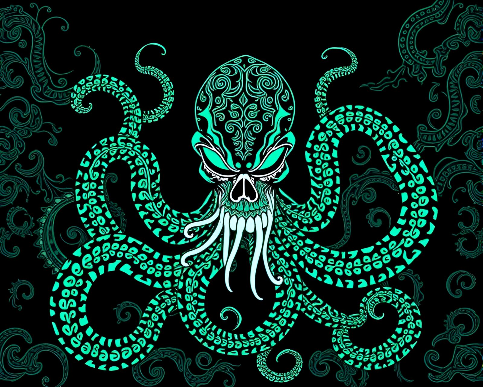 Intricate glow-in-the-dark screen printed Kraken art