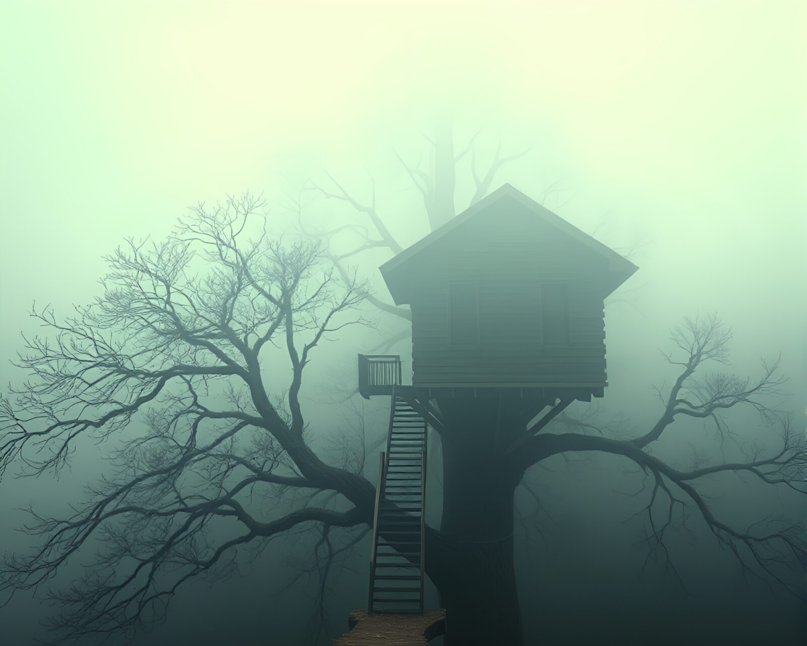 Hyper-realistic treehouse engulfed in indigo fog drifts mysteriously