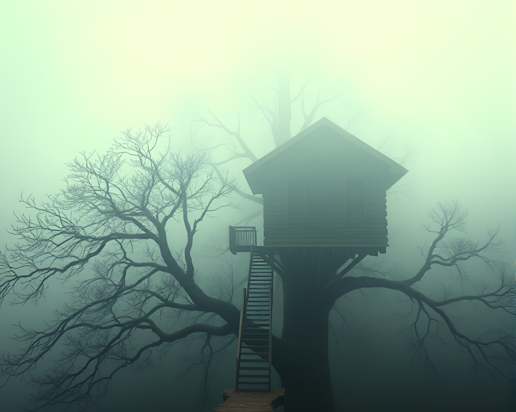 Silent Fog: Enigmatic Treehouse in Indigo Haze – free AI stock image