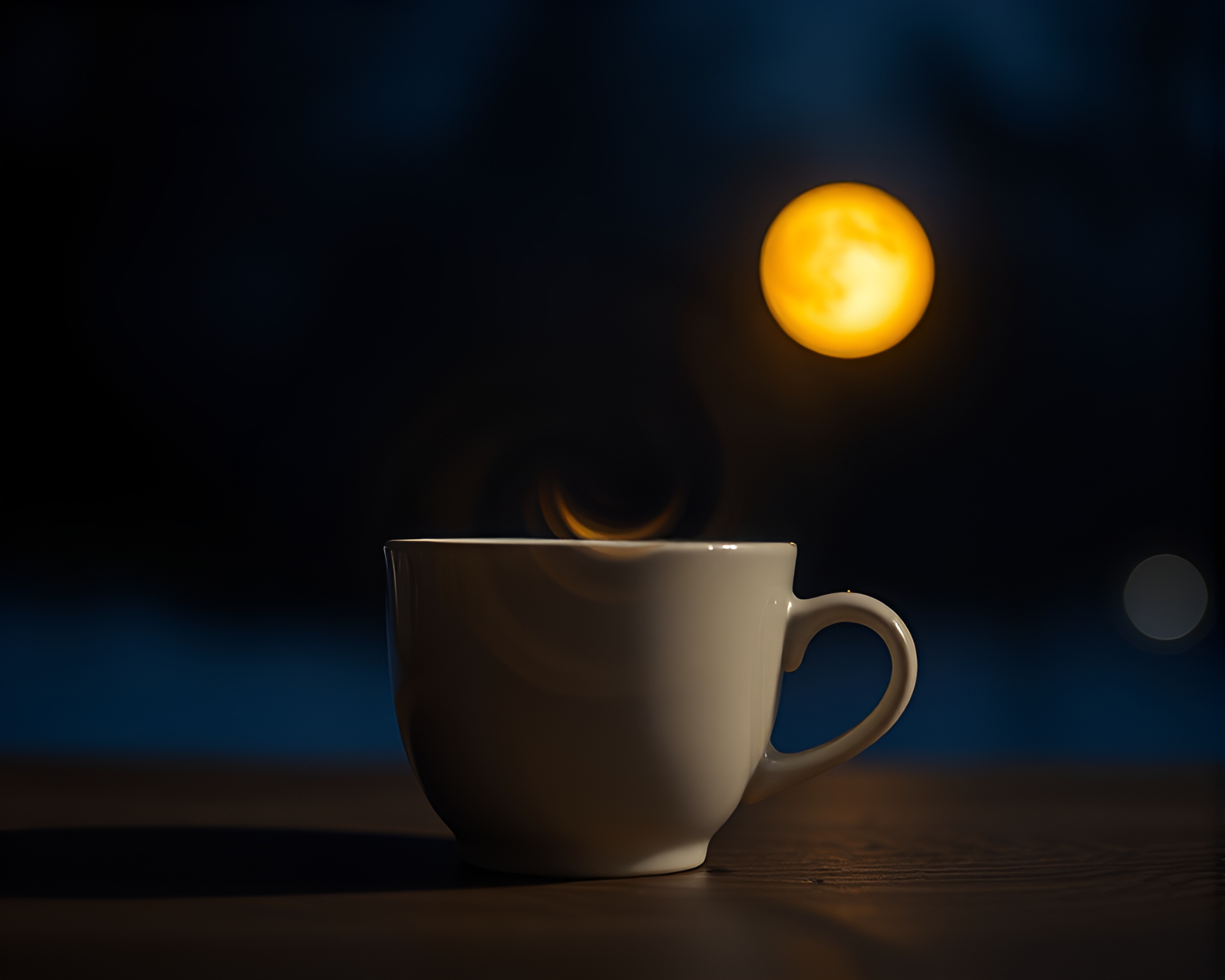Moonlit coffee cup with swirling lens distortion – free AI stock image