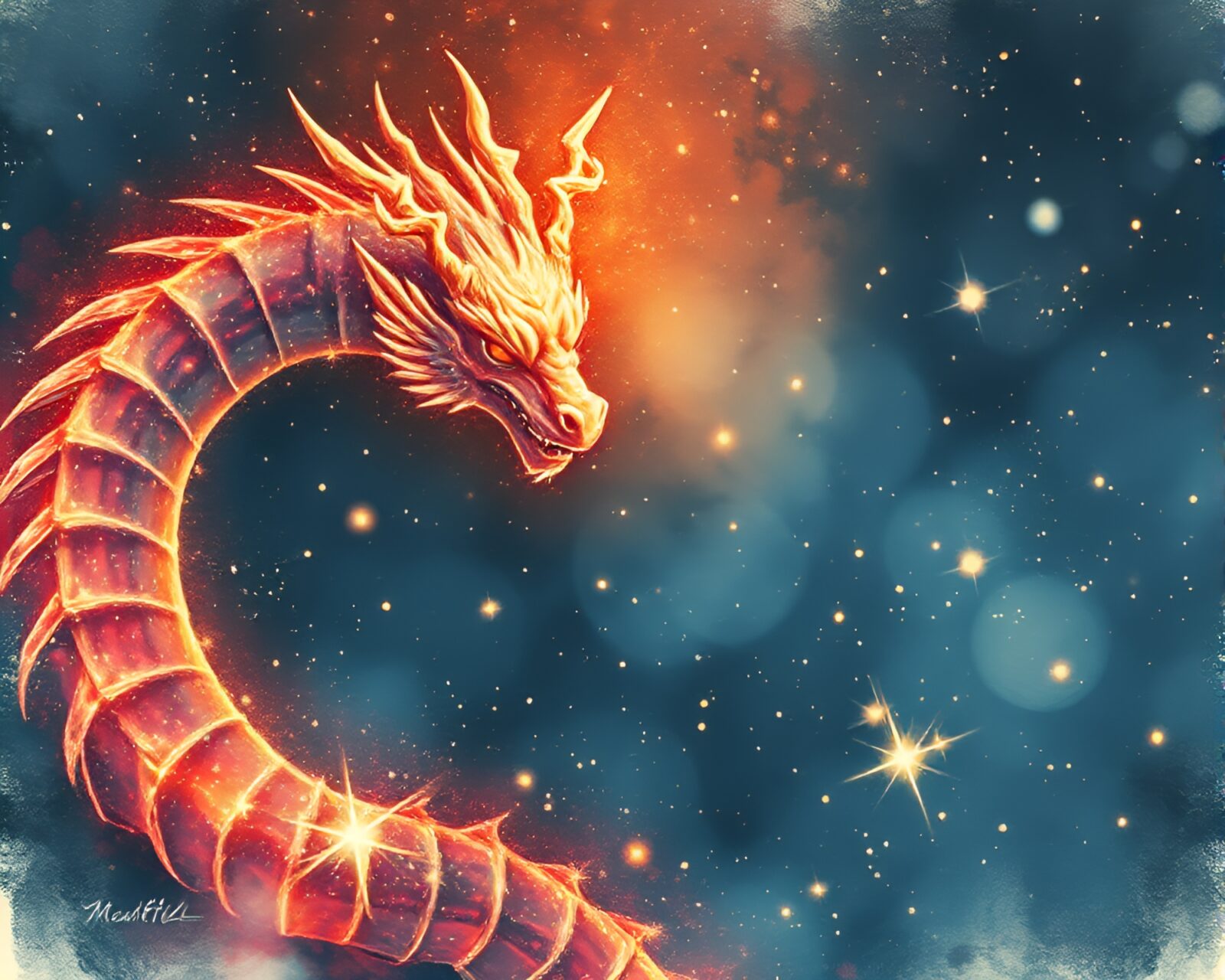 A majestic dragon flying gracefully from bird's eye view