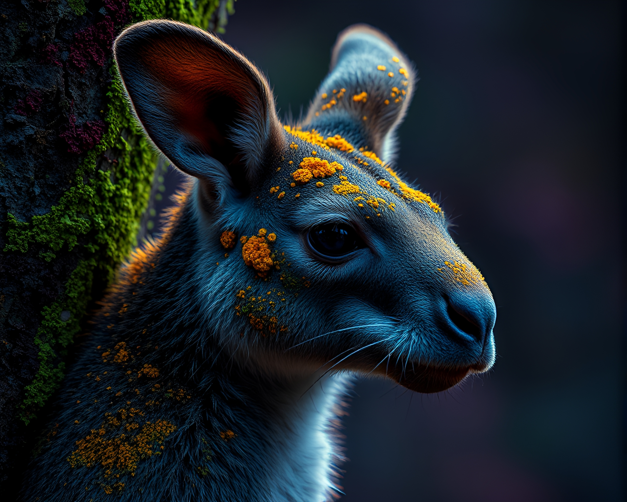 Neon Kangaroo Among Duochrome Lichen Textures – free AI stock image