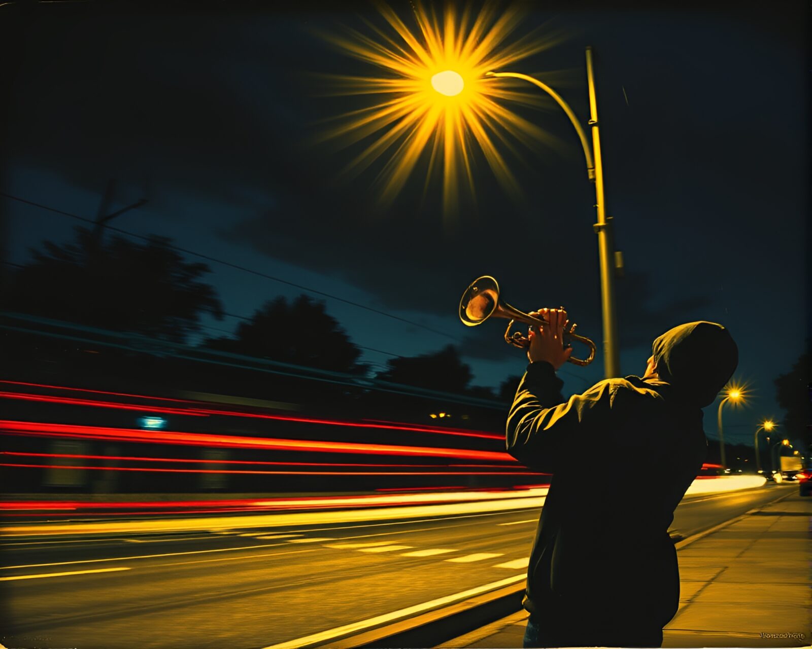 Abstract linocut print of musician playing trumpet in motion blur