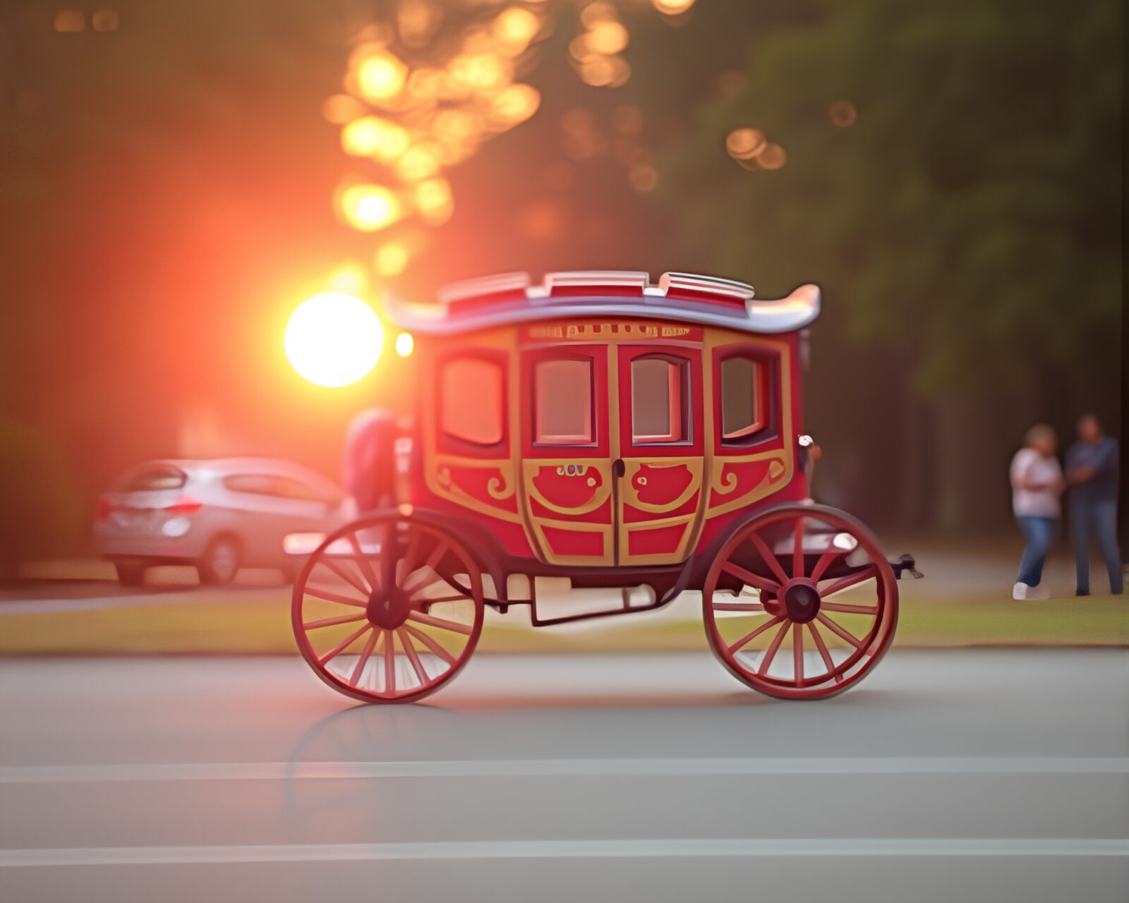 Asymmetrical balance scene of a stagecoach in sunrise pink glow
