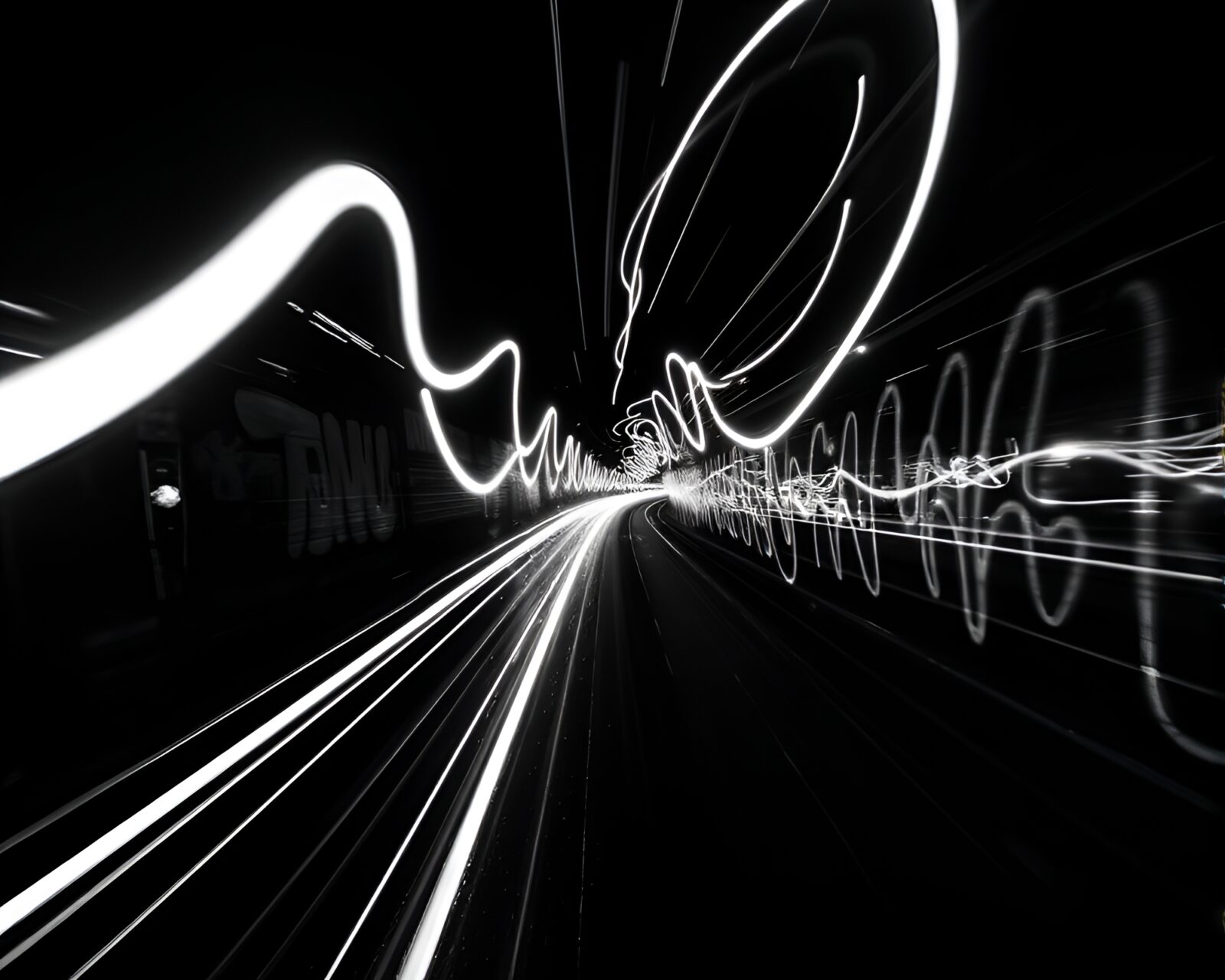 Black and white urban art with vibrant neon light trails