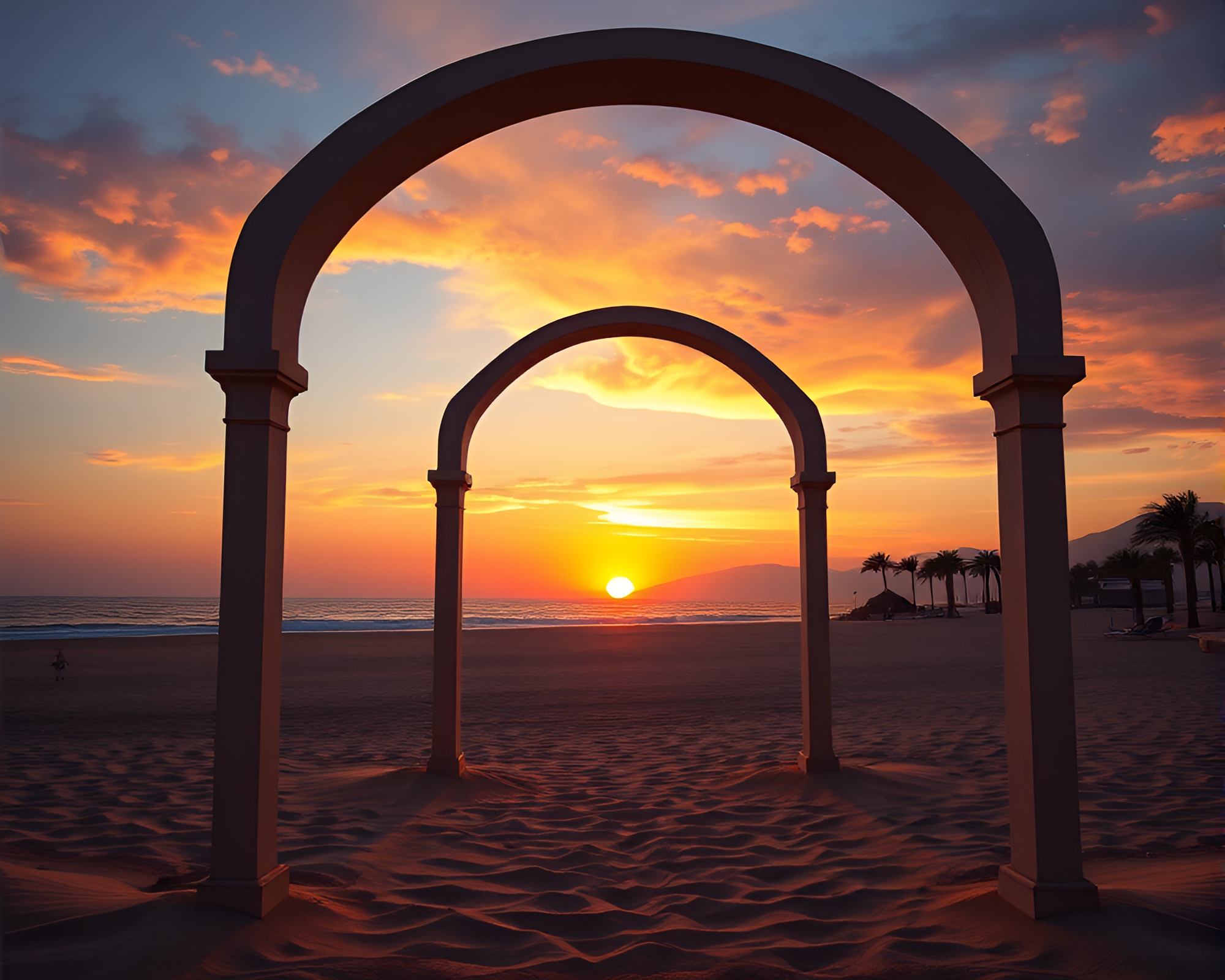 Sunset Beach Pavilion Framed in Architectural Beauty – free AI stock image