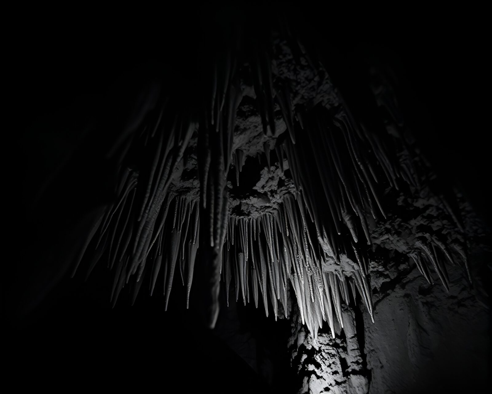 Majestic stalactites in a crosshatched cave with earthy tones
