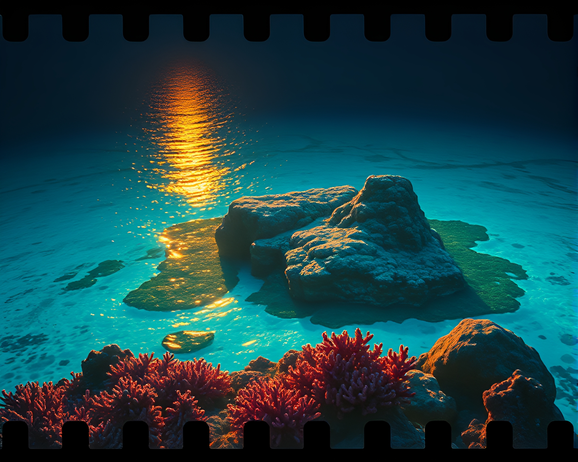 Mystical coral atoll illuminated by torchlight in tempera painting – free AI stock image