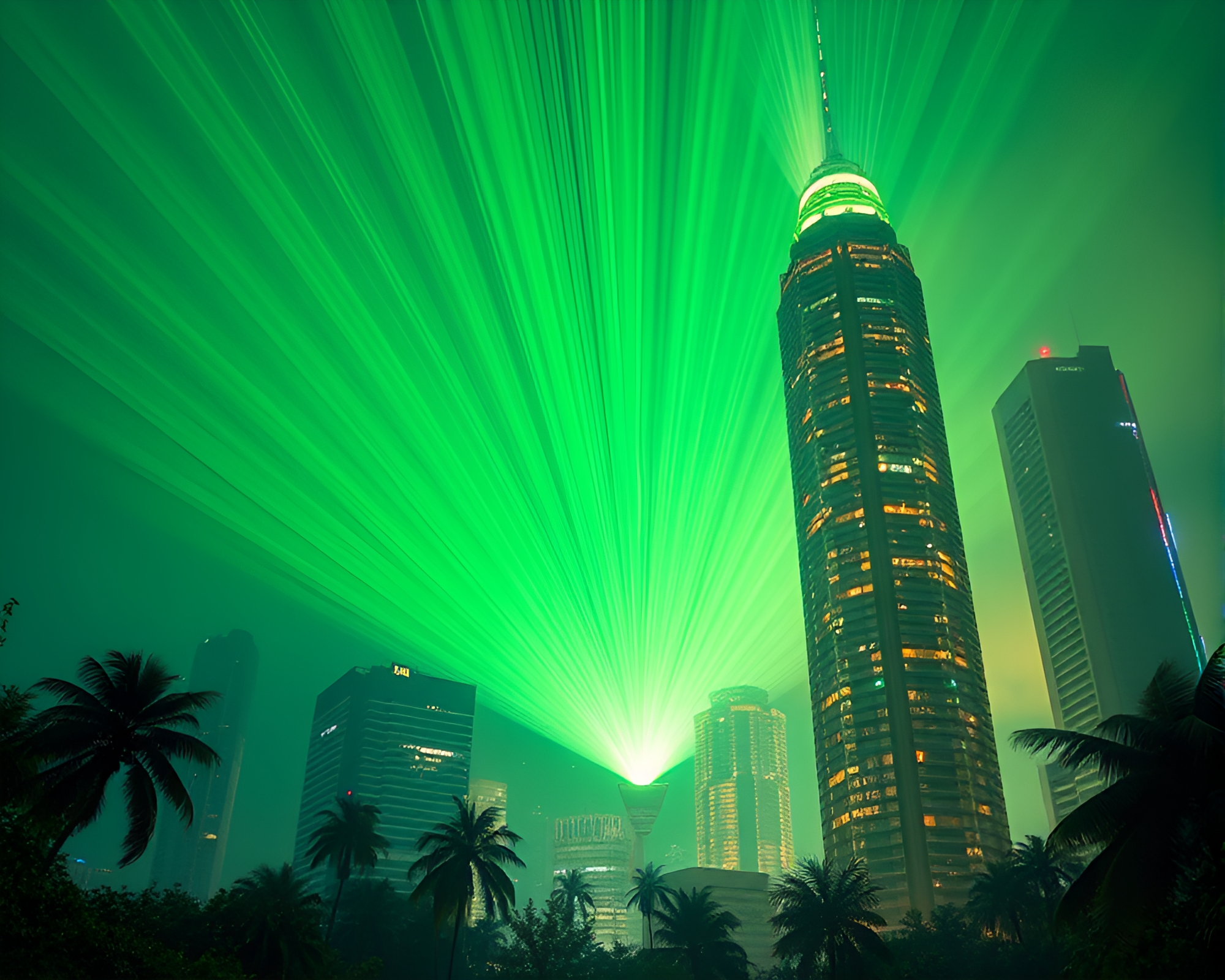 Fiber Optic Skyscraper in Rainforest Green Haze – free AI stock image