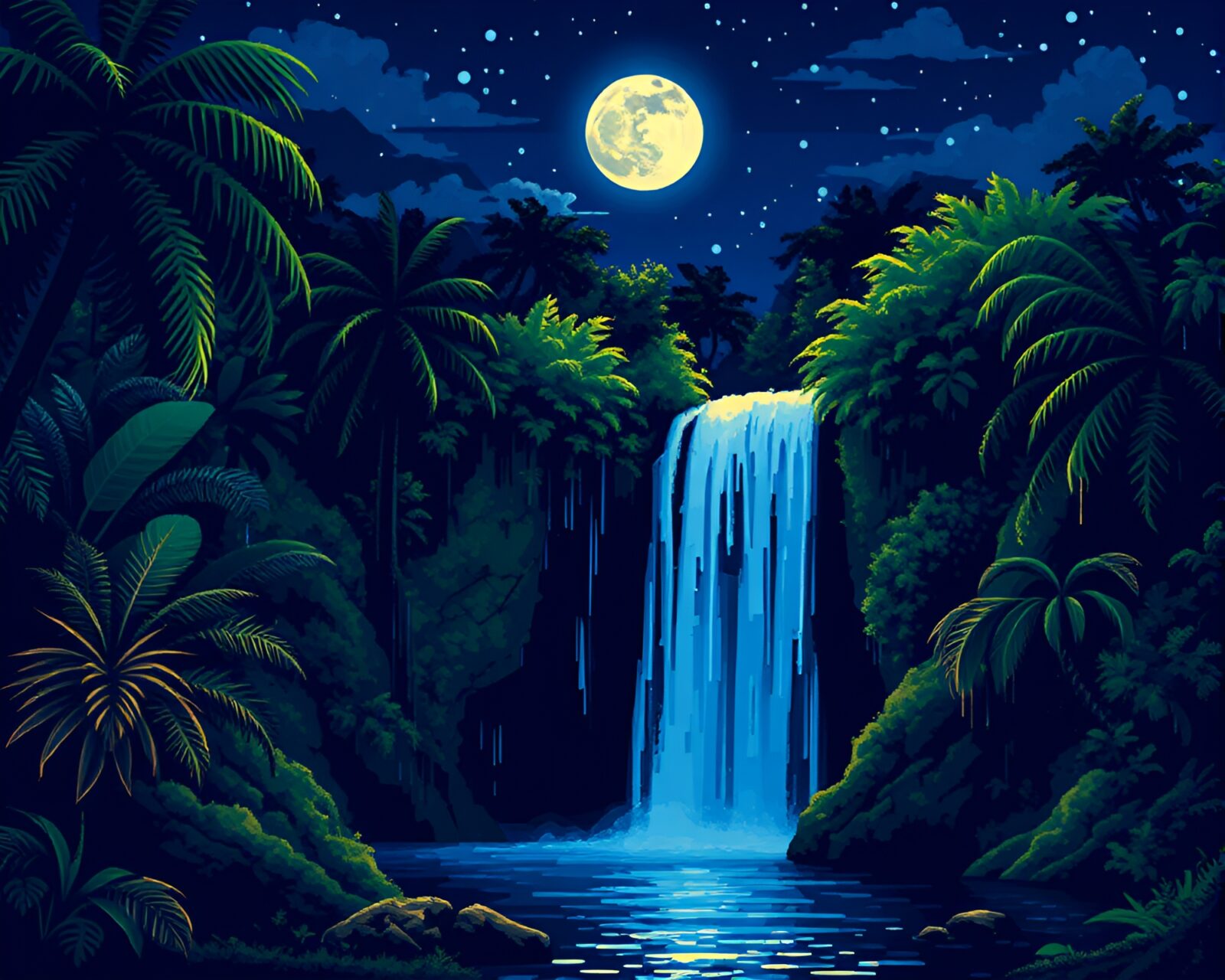 Moonlit night waterfall depicted in ASCII art with water droplets