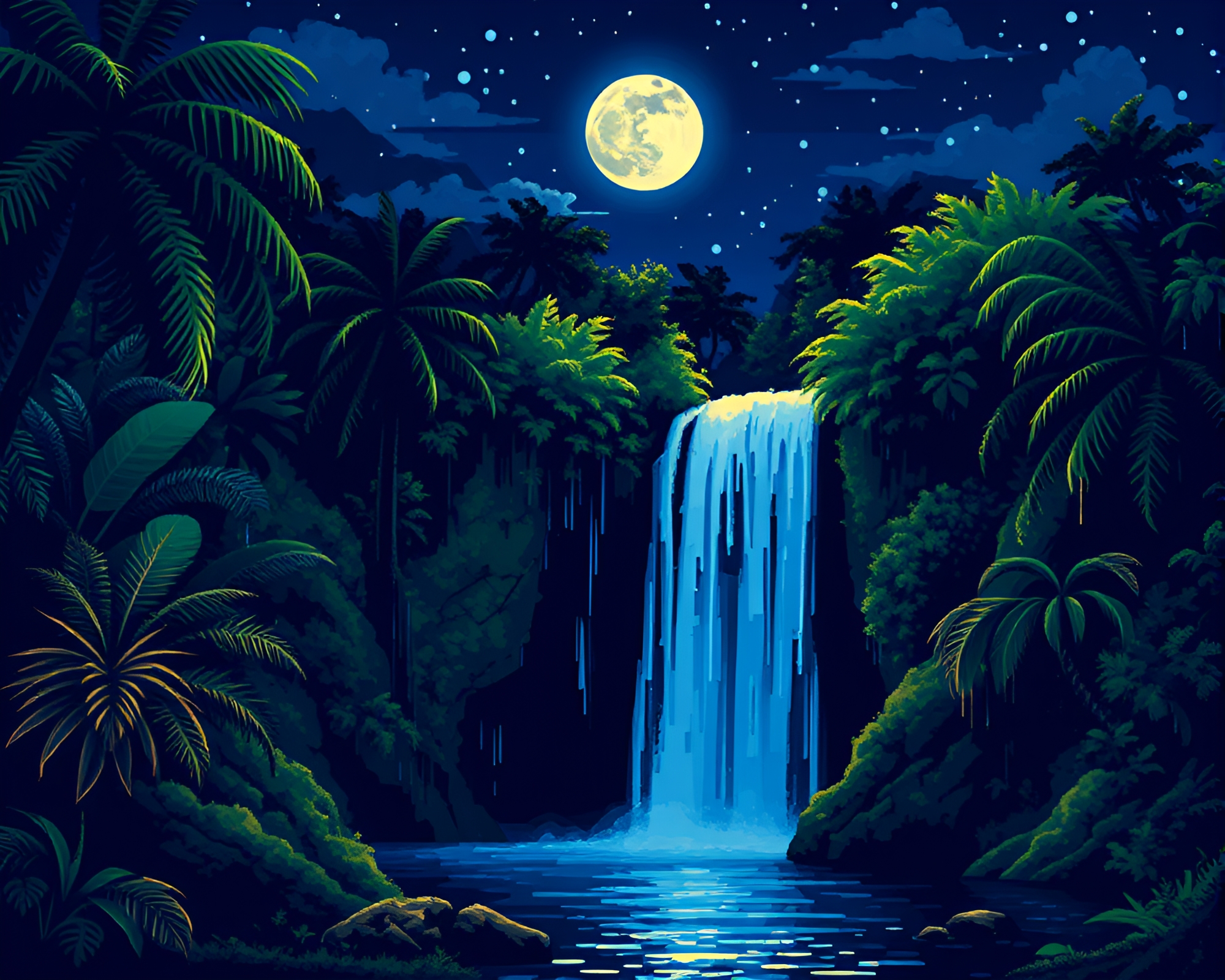 Moonlit Tropical Waterfall with ASCII Art Water Droplets – free AI stock image