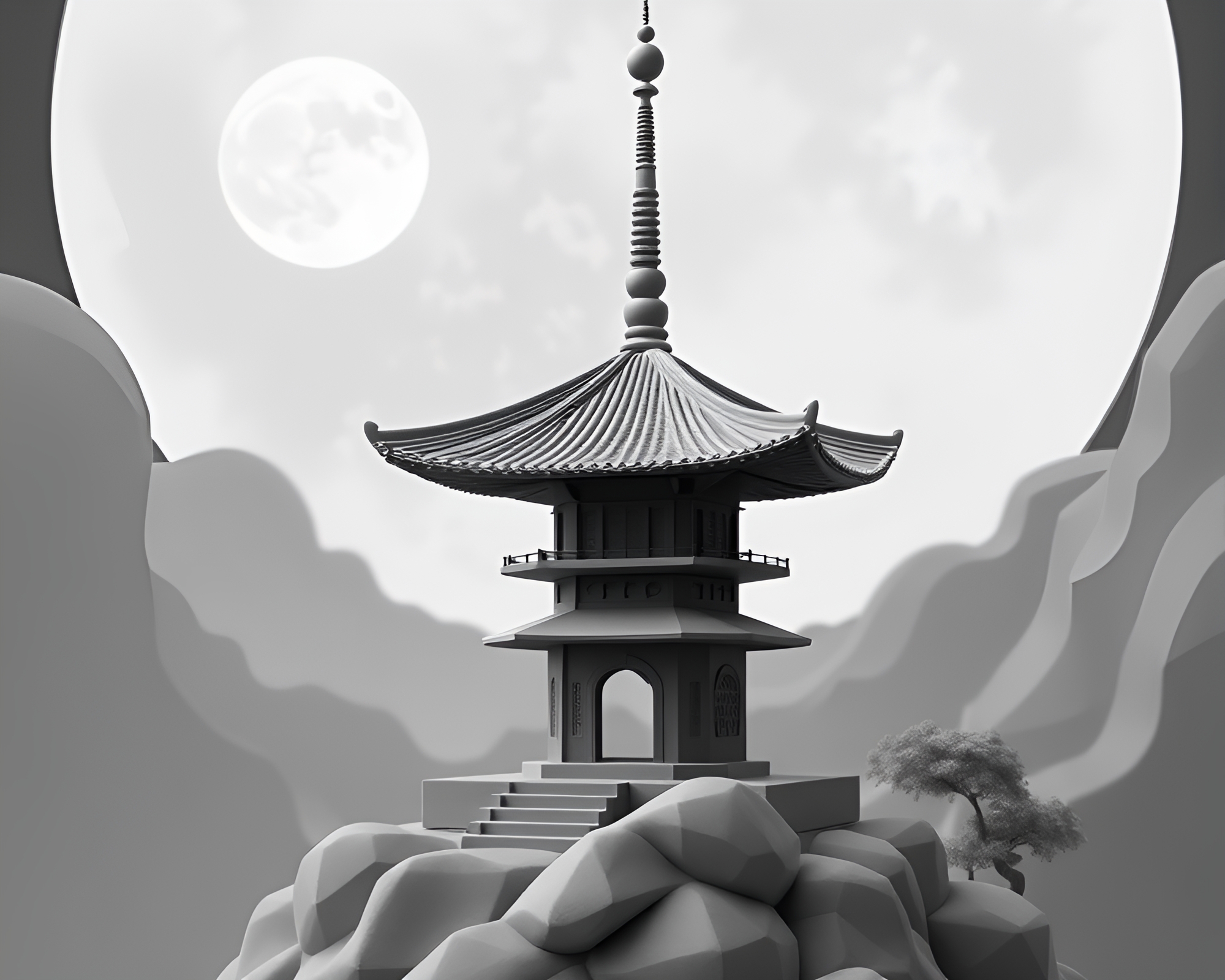 Low-Poly Lunar Pagoda Surrounded by Fabric Folds – free AI stock image