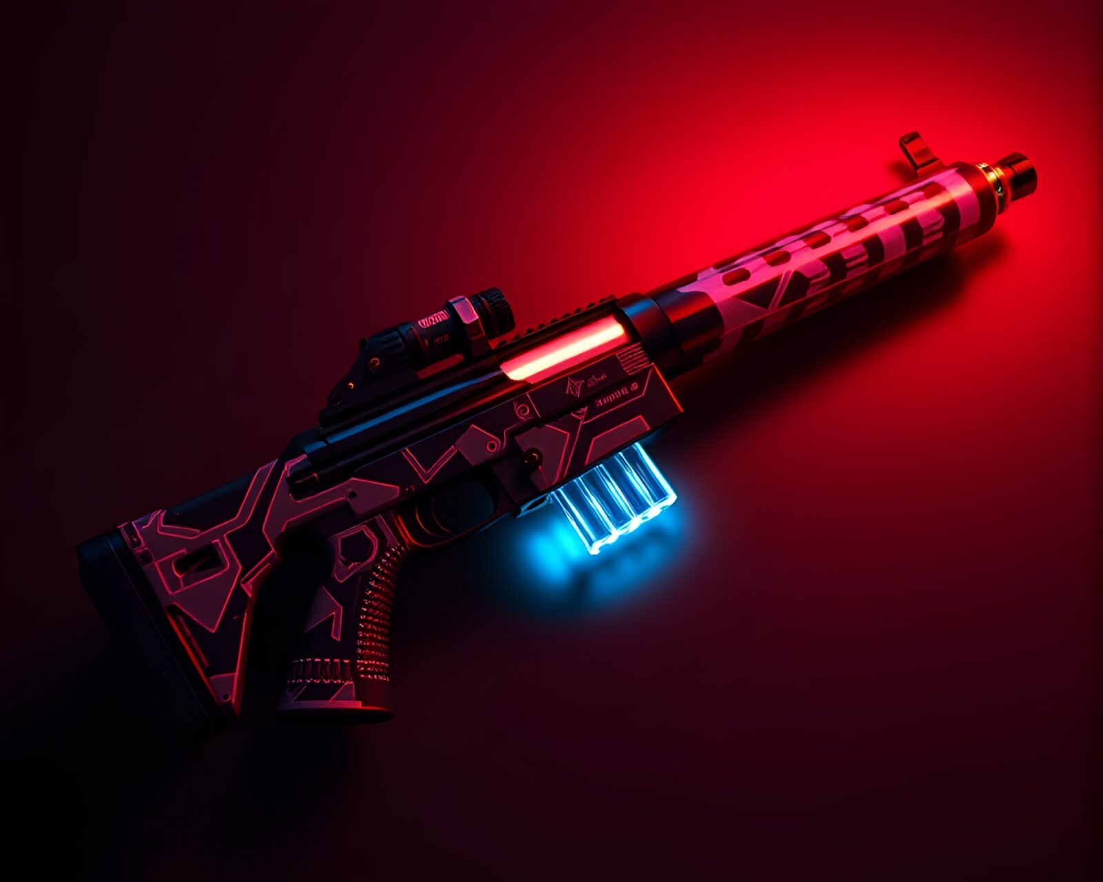 Glossy highlights on elaborate stitched plasma rifle design