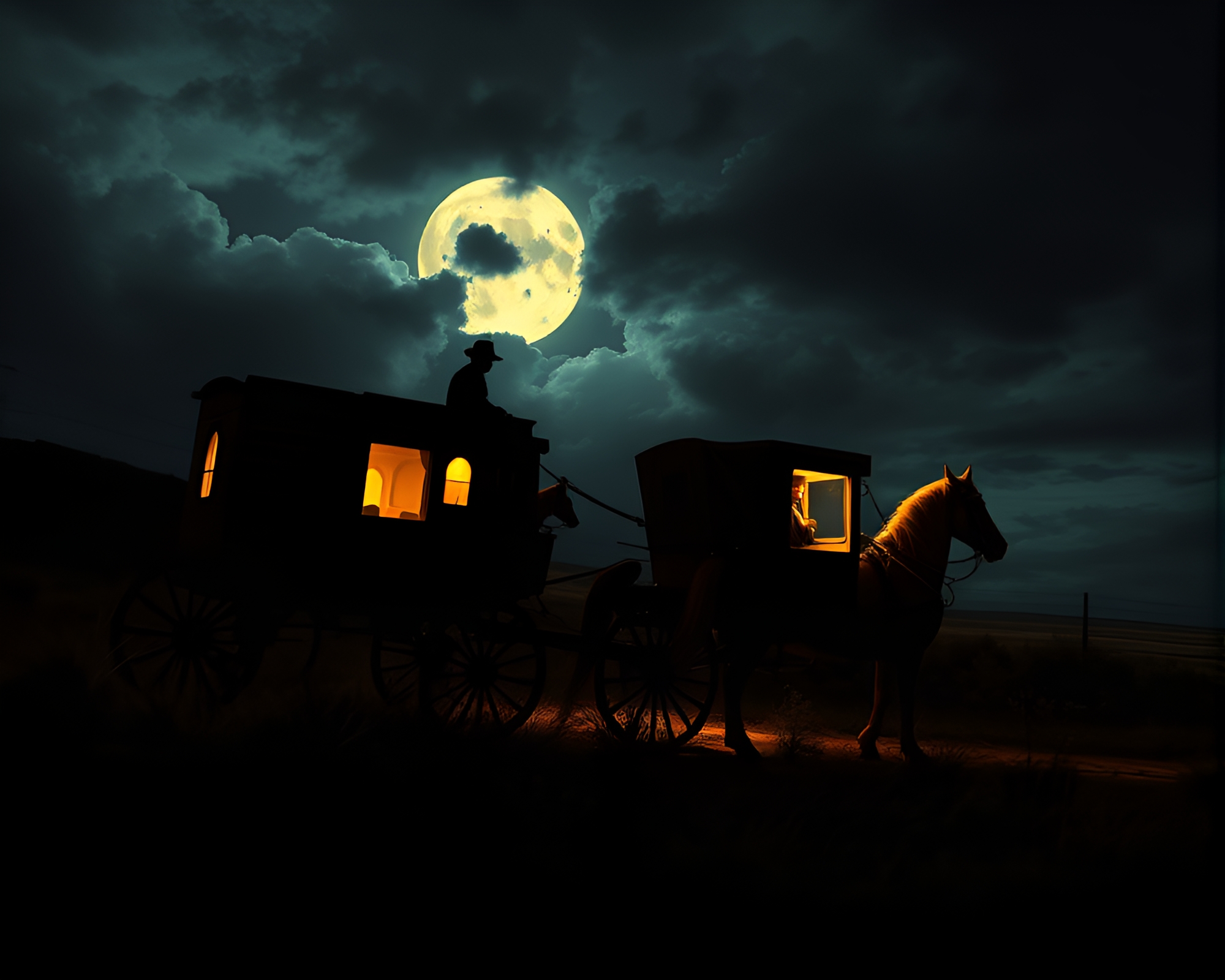 Surrealist Stagecoach Journey through Dramatic Chiaroscuro Vignette – free AI stock image