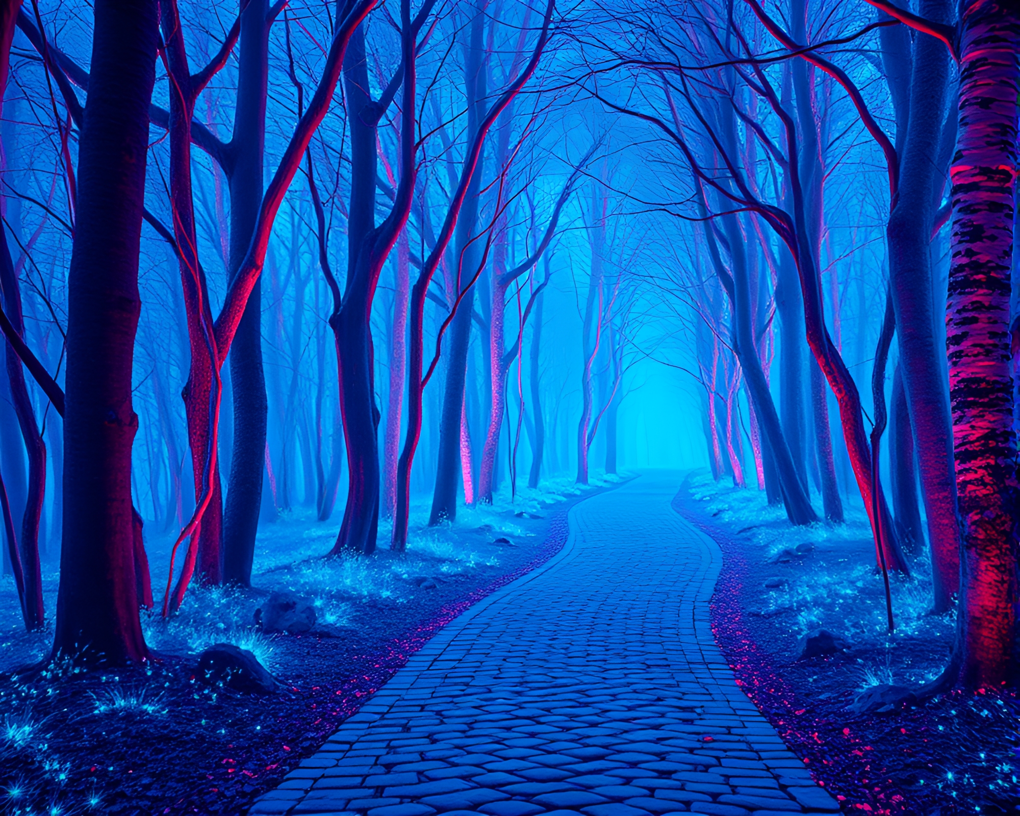 Bioluminescent Path Through 3D Denim Forest – free AI stock image