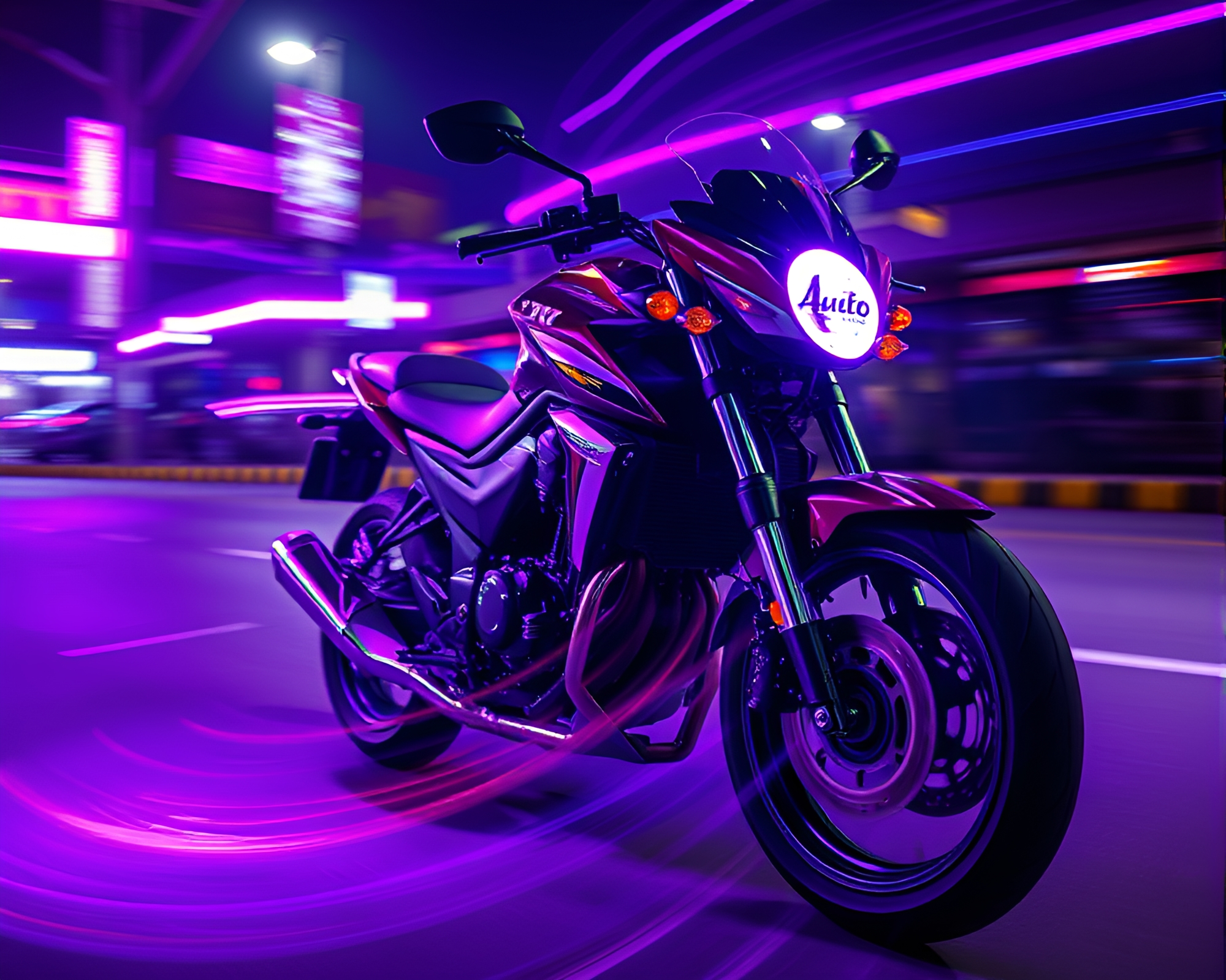 Twilight Purple Neon Motorcycle Light Painting – free AI stock image