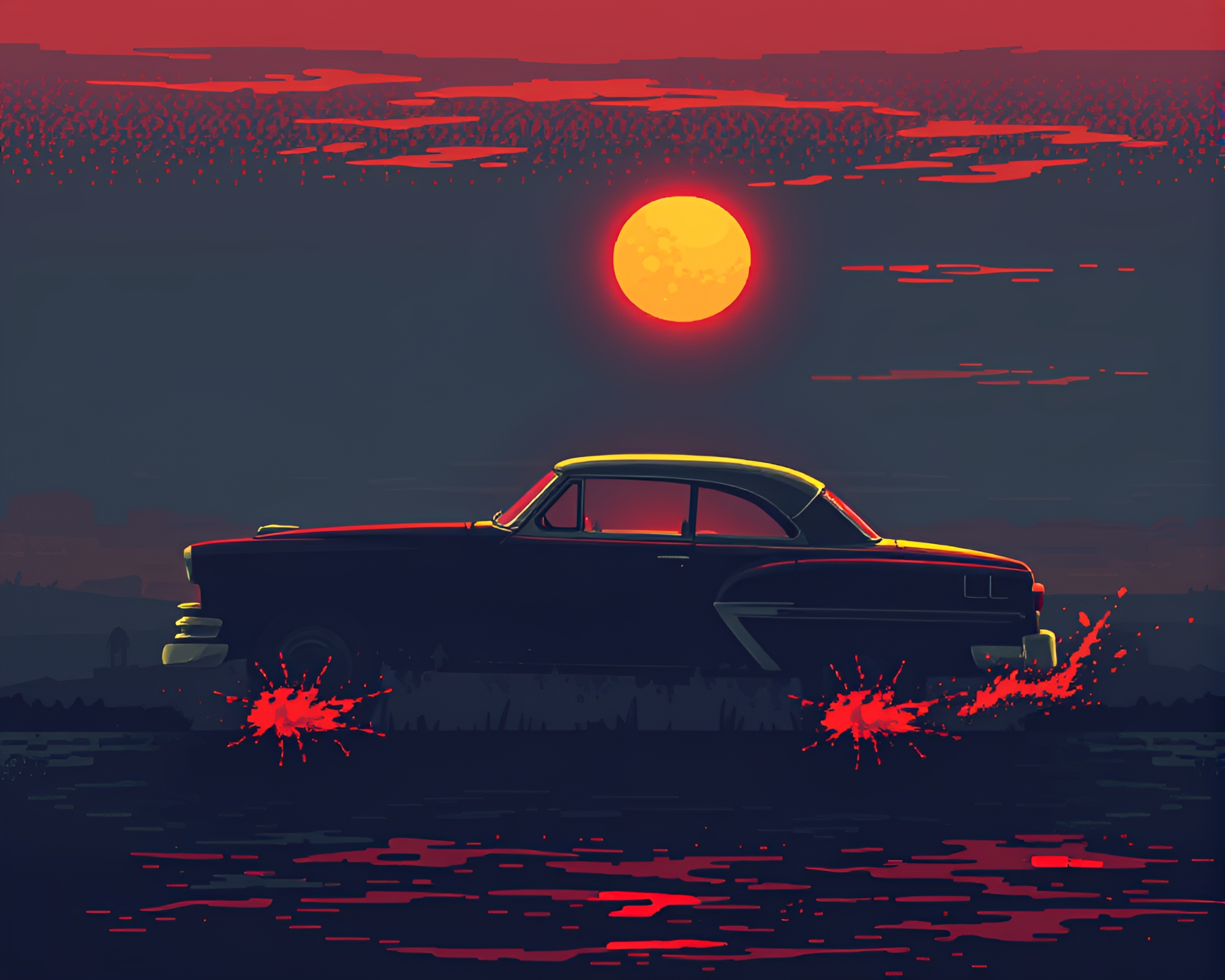Vintage Car Eclipse: Retro Pixel Art Composition – free AI stock image