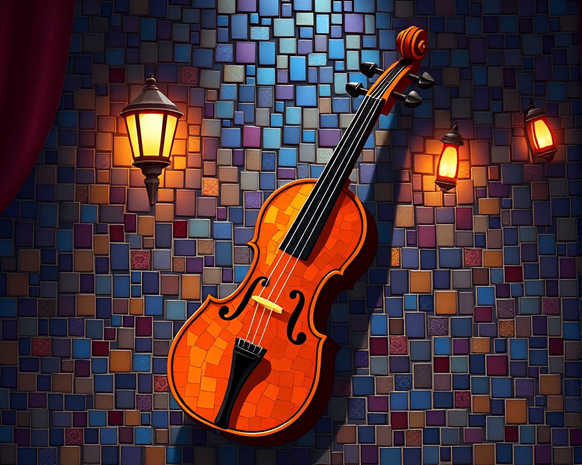 Cartoon Violinist in Mosaic Theatre Under Dramatic Lighting – free AI stock image