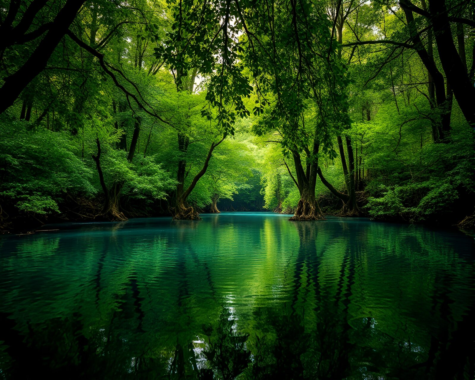 Lush green rainforest canopy reflecting in rippling water